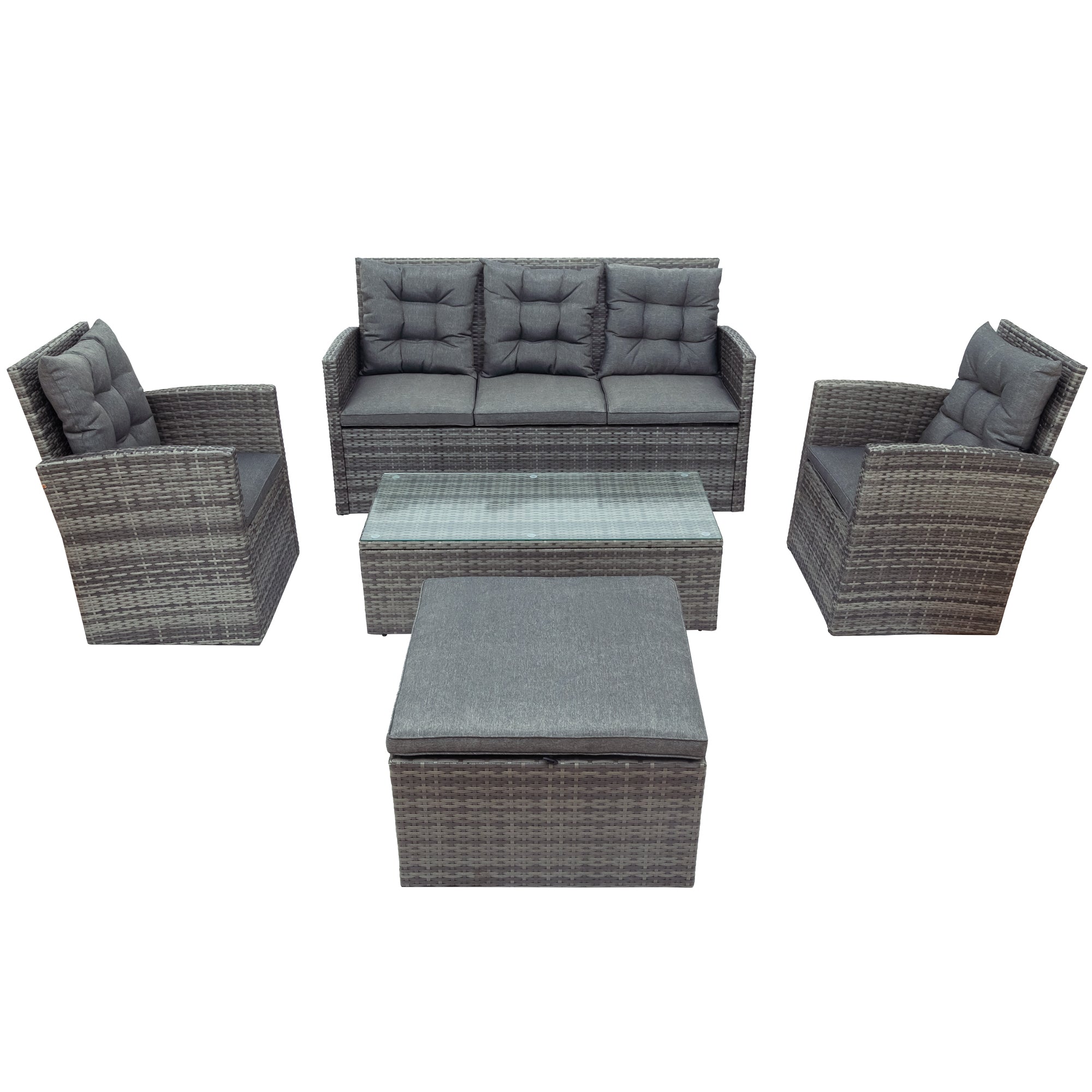 5 Pieces Outdoor Rattan Patio Sectional Sofa Set with Storage Bench