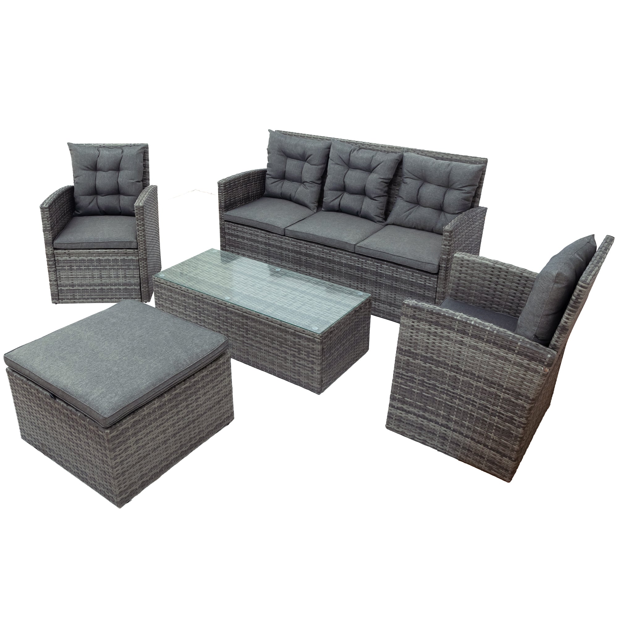 5 Pieces Outdoor Rattan Patio Sectional Sofa Set with Storage Bench
