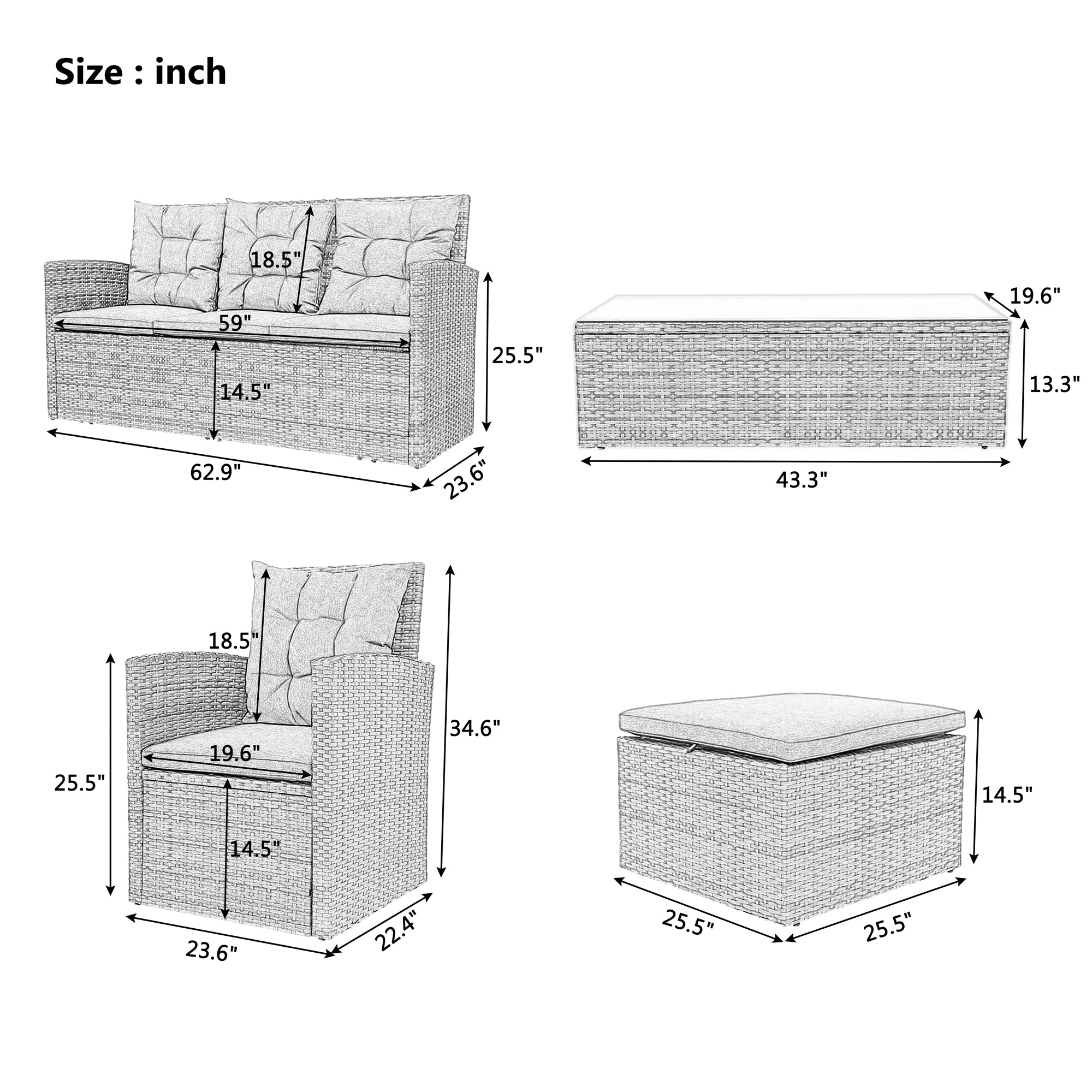 5 Pieces Outdoor Rattan Patio Sectional Sofa Set with Storage Bench