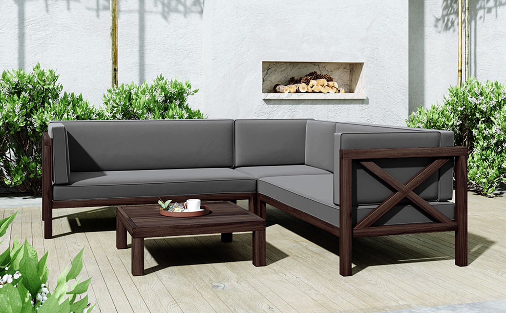 4 Pieces Outdoor Wood Patio Sectional X-Back Seating Group with Cushions and Table