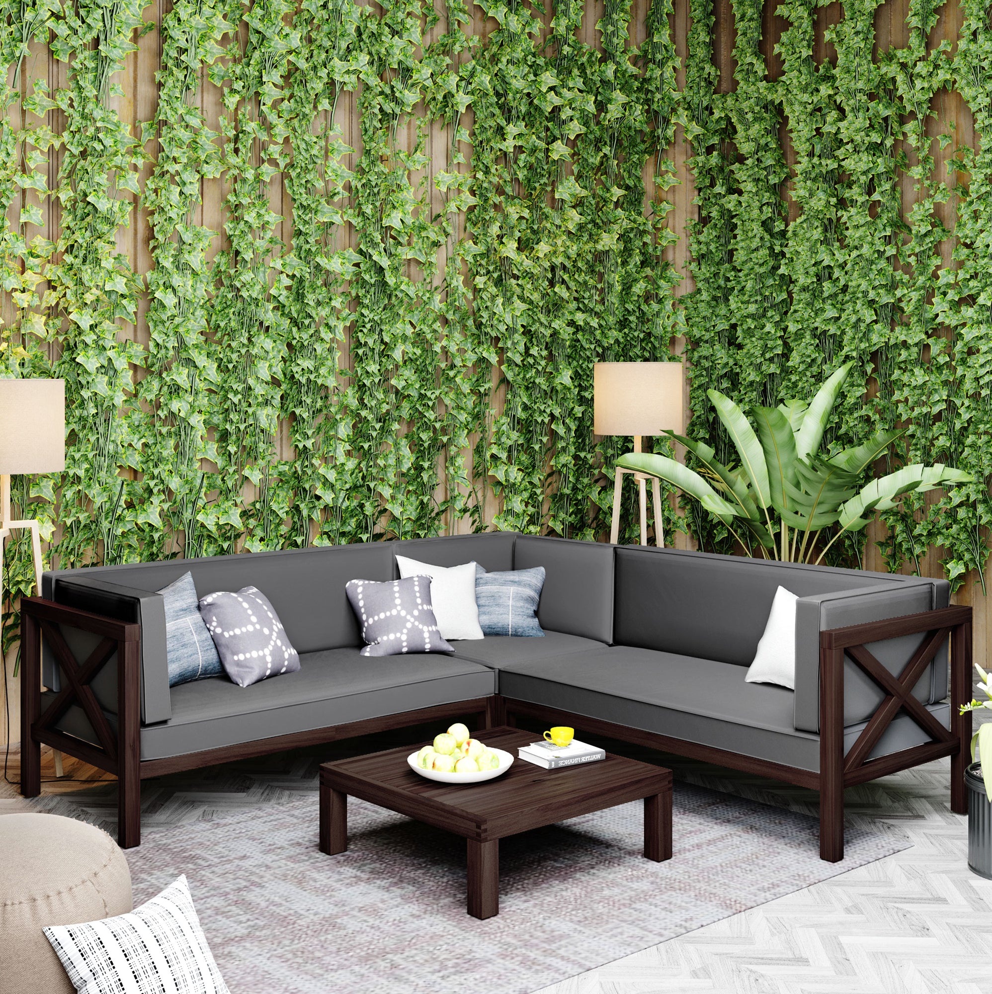 4 Pieces Outdoor Wood Patio Sectional X-Back Seating Group with Cushions and Table