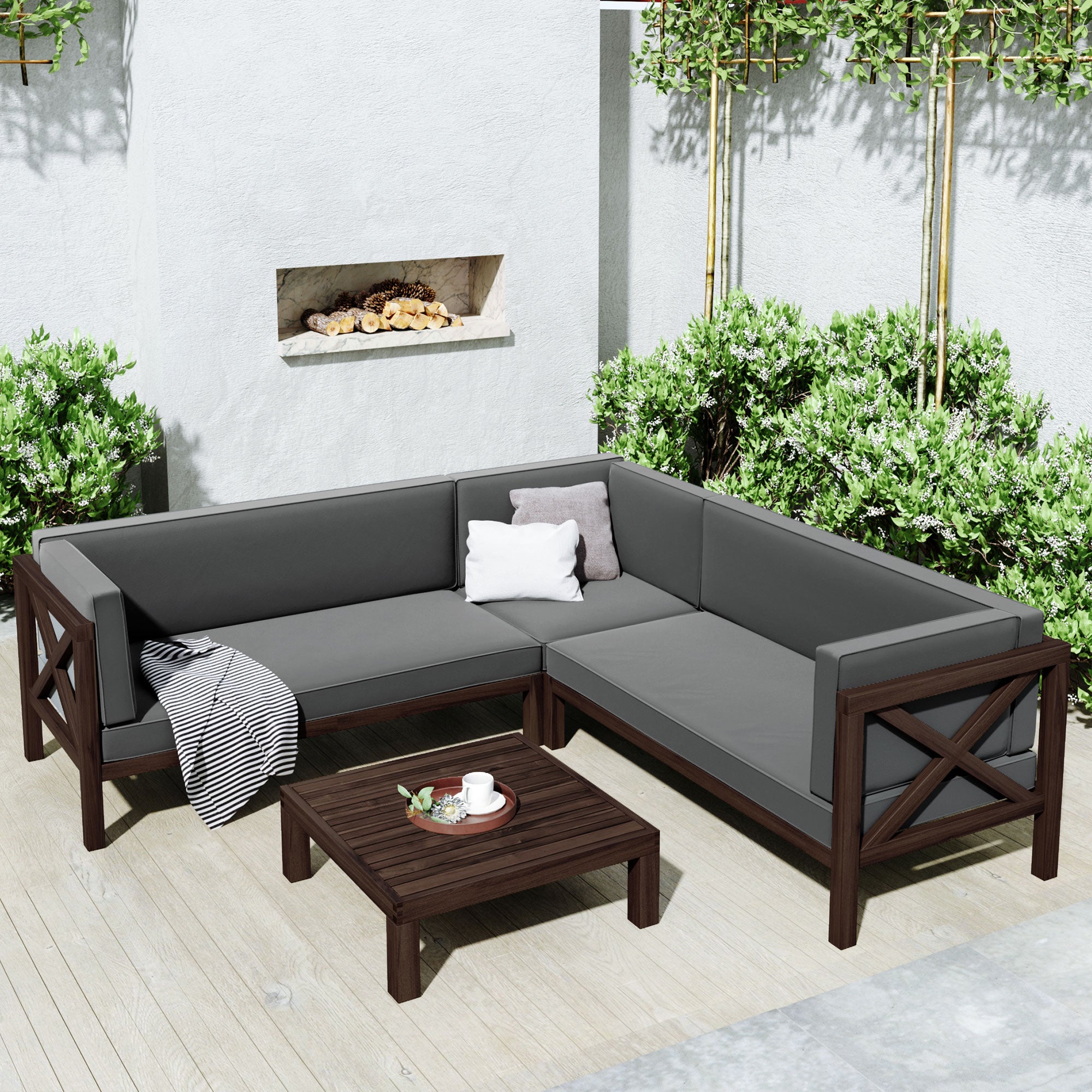 4 Pieces Outdoor Wood Patio Sectional X-Back Seating Group with Cushions and Table
