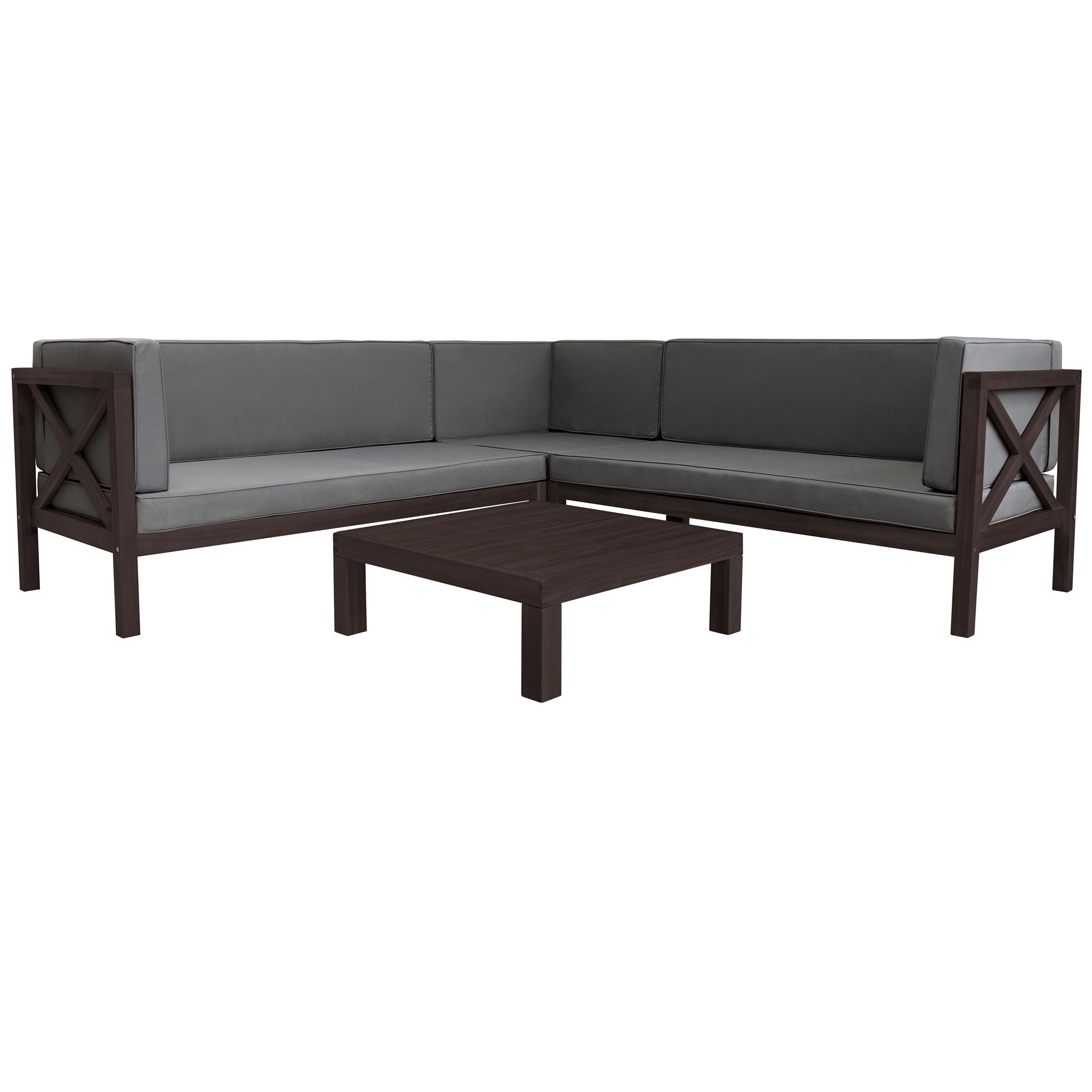 4 Pieces Outdoor Wood Patio Sectional X-Back Seating Group with Cushions and Table