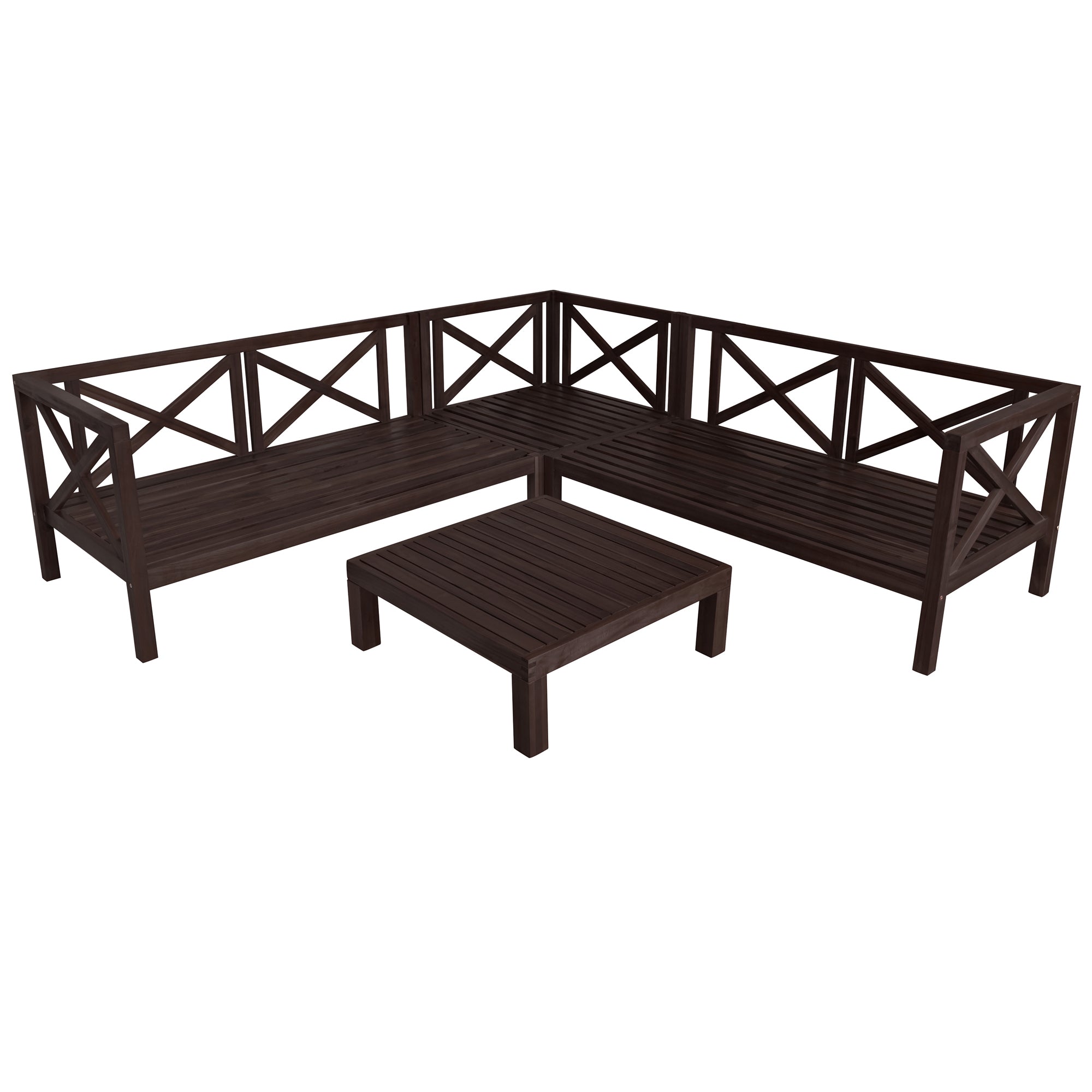 4 Pieces Outdoor Wood Patio Sectional X-Back Seating Group with Cushions and Table