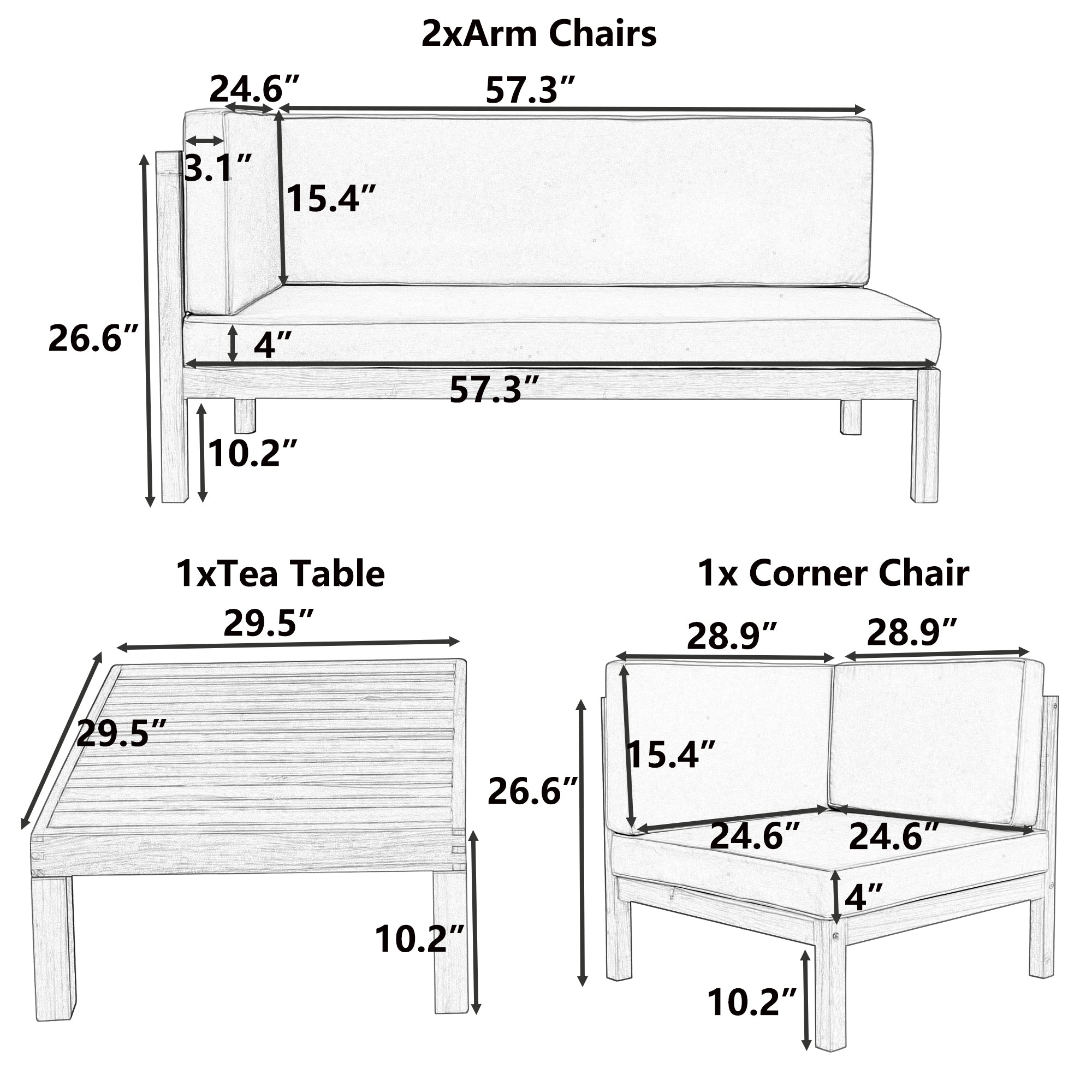 4 Pieces Outdoor Wood Patio Sectional X-Back Seating Group with Cushions and Table