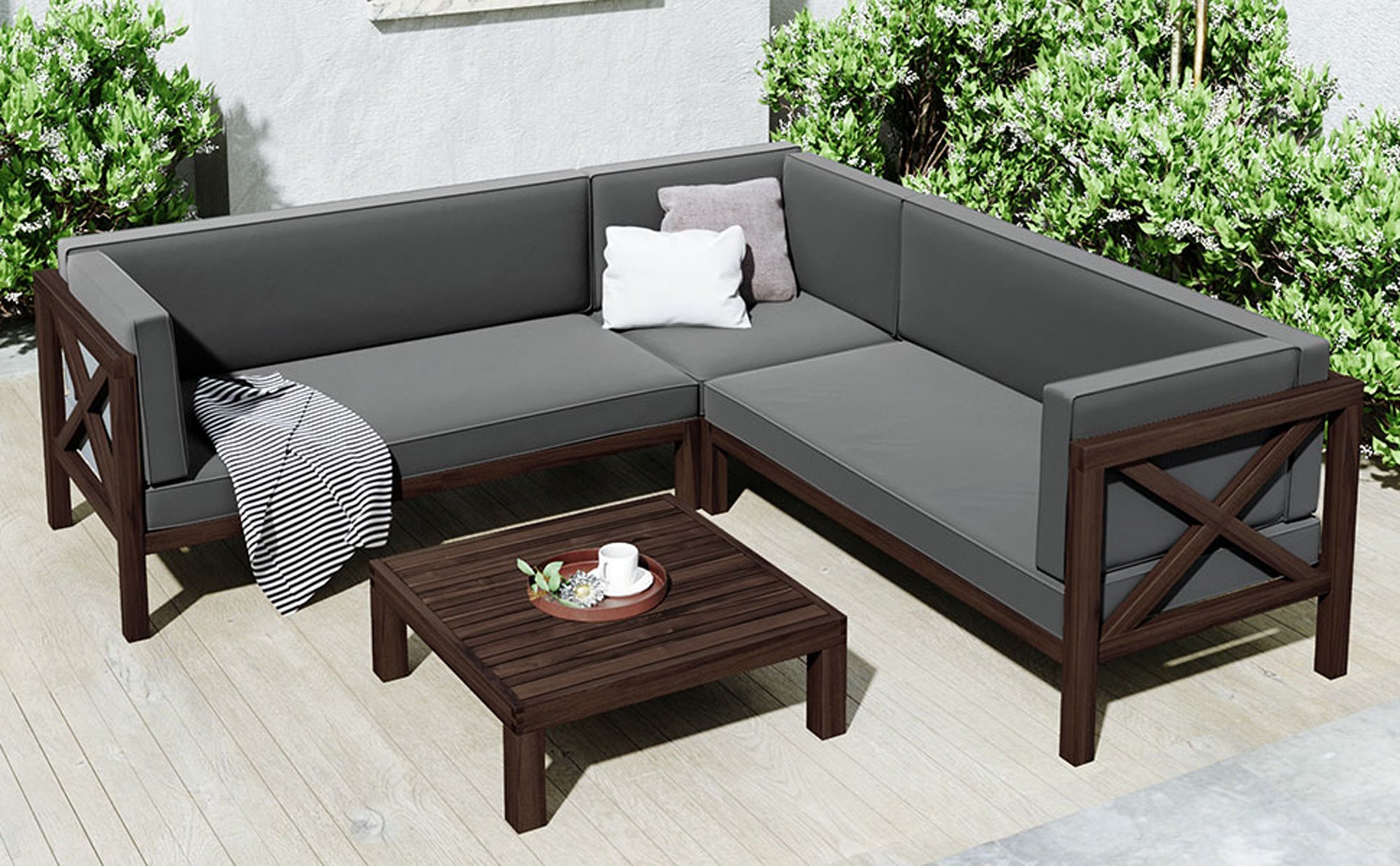 4 Pieces Outdoor Wood Patio Sectional X-Back Seating Group with Cushions and Table