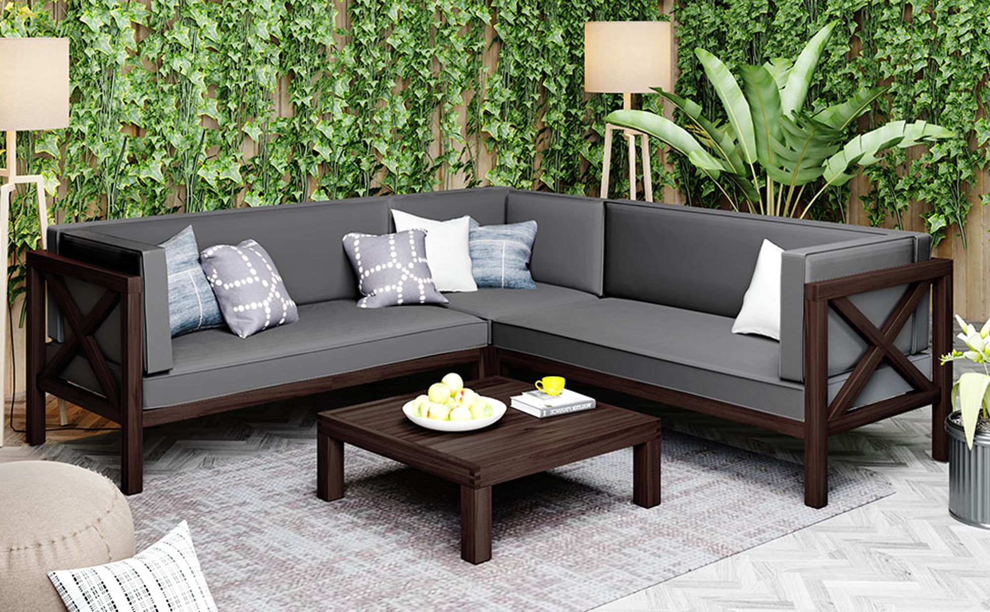 4 Pieces Outdoor Wood Patio Sectional X-Back Seating Group with Cushions and Table