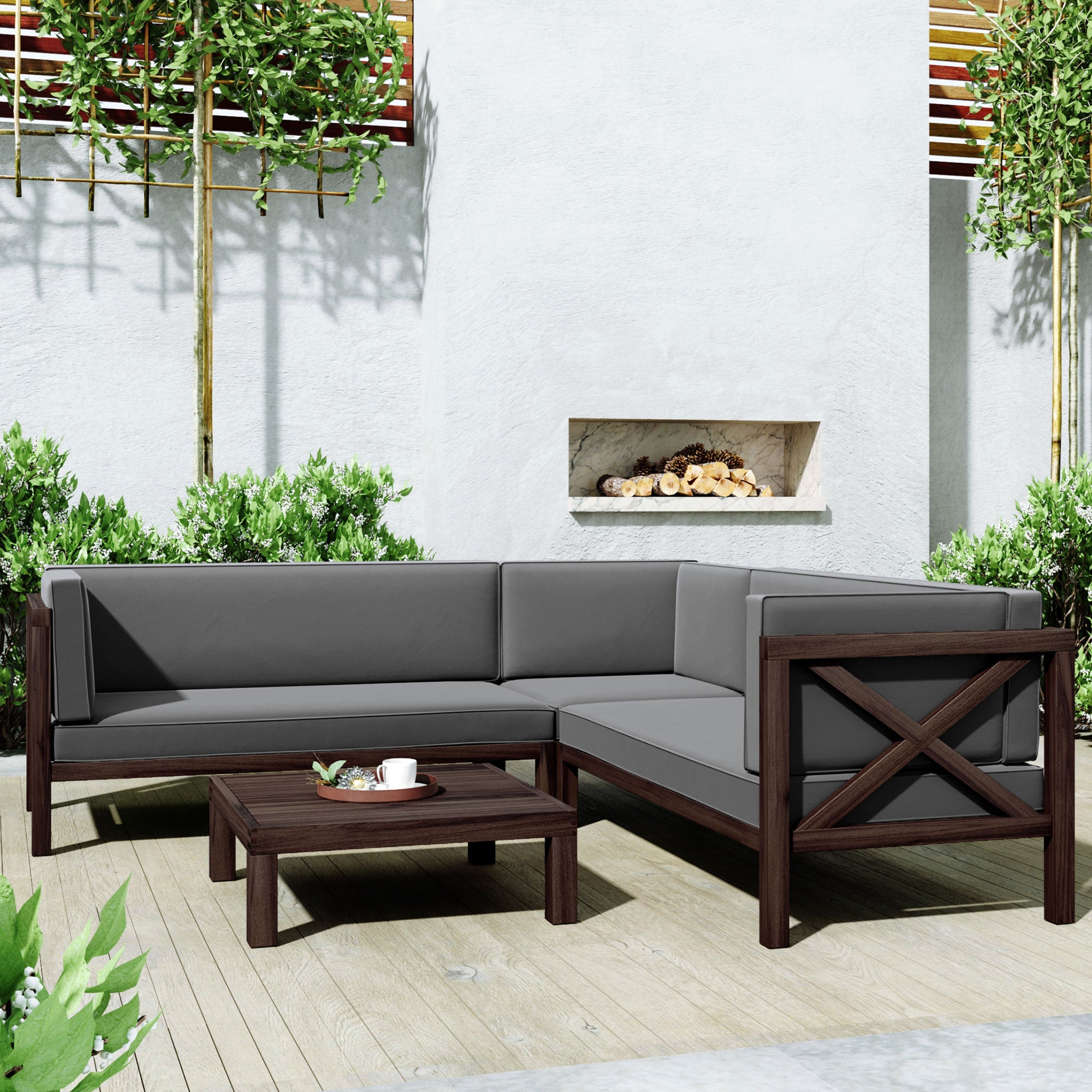 4 Pieces Outdoor Wood Patio Sectional X-Back Seating Group with Cushions and Table
