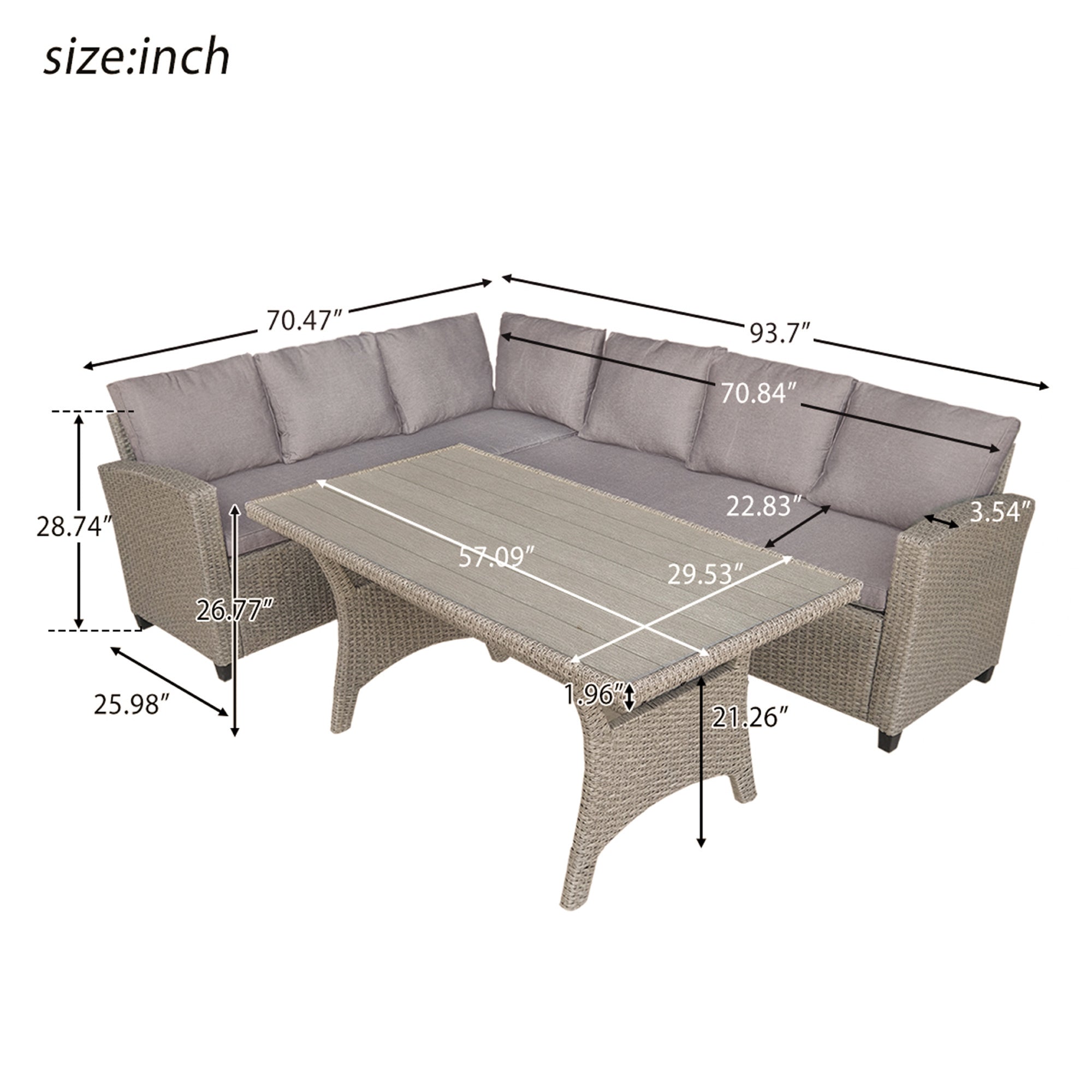 3 Pieces Outdoor Rattan Patio Sectional Sofa Set with Cushions and Table