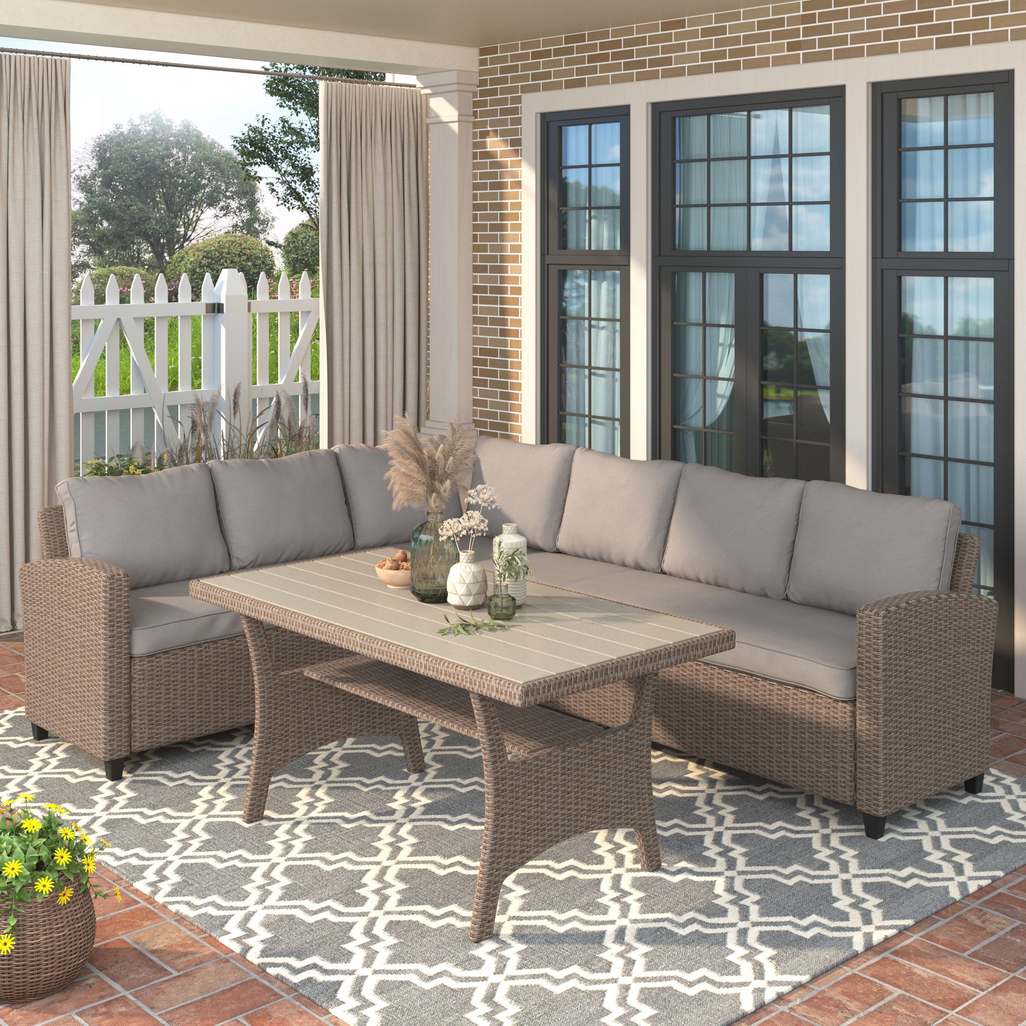 3 Pieces Outdoor Rattan Patio Sectional Sofa Set with Cushions and Table