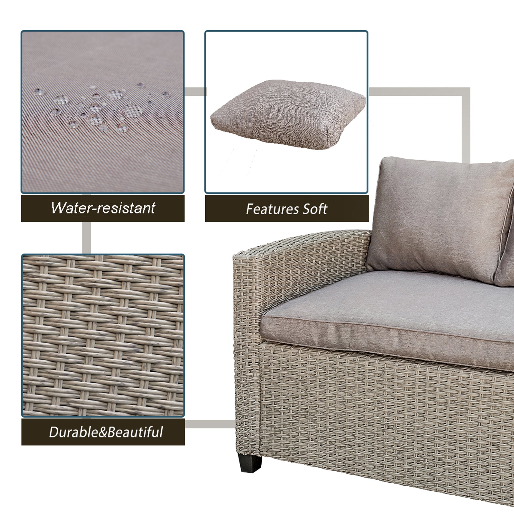3 Pieces Outdoor Rattan Patio Sectional Sofa Set with Cushions and Table