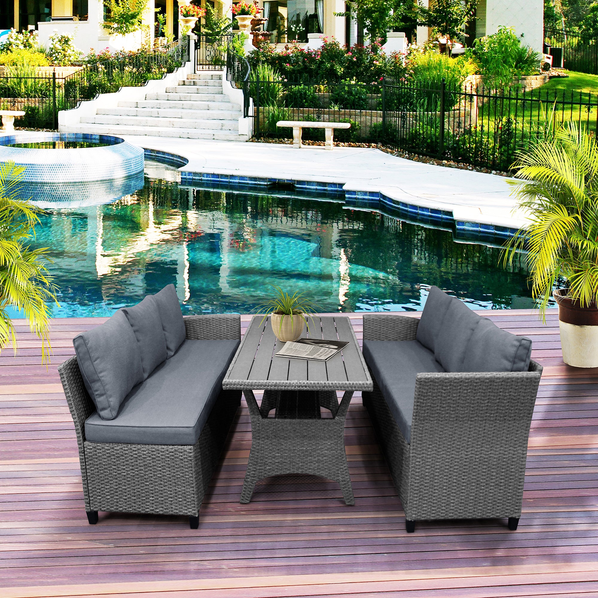 3 Pieces Outdoor Rattan Patio Sectional Sofa Set with Cushions and Table