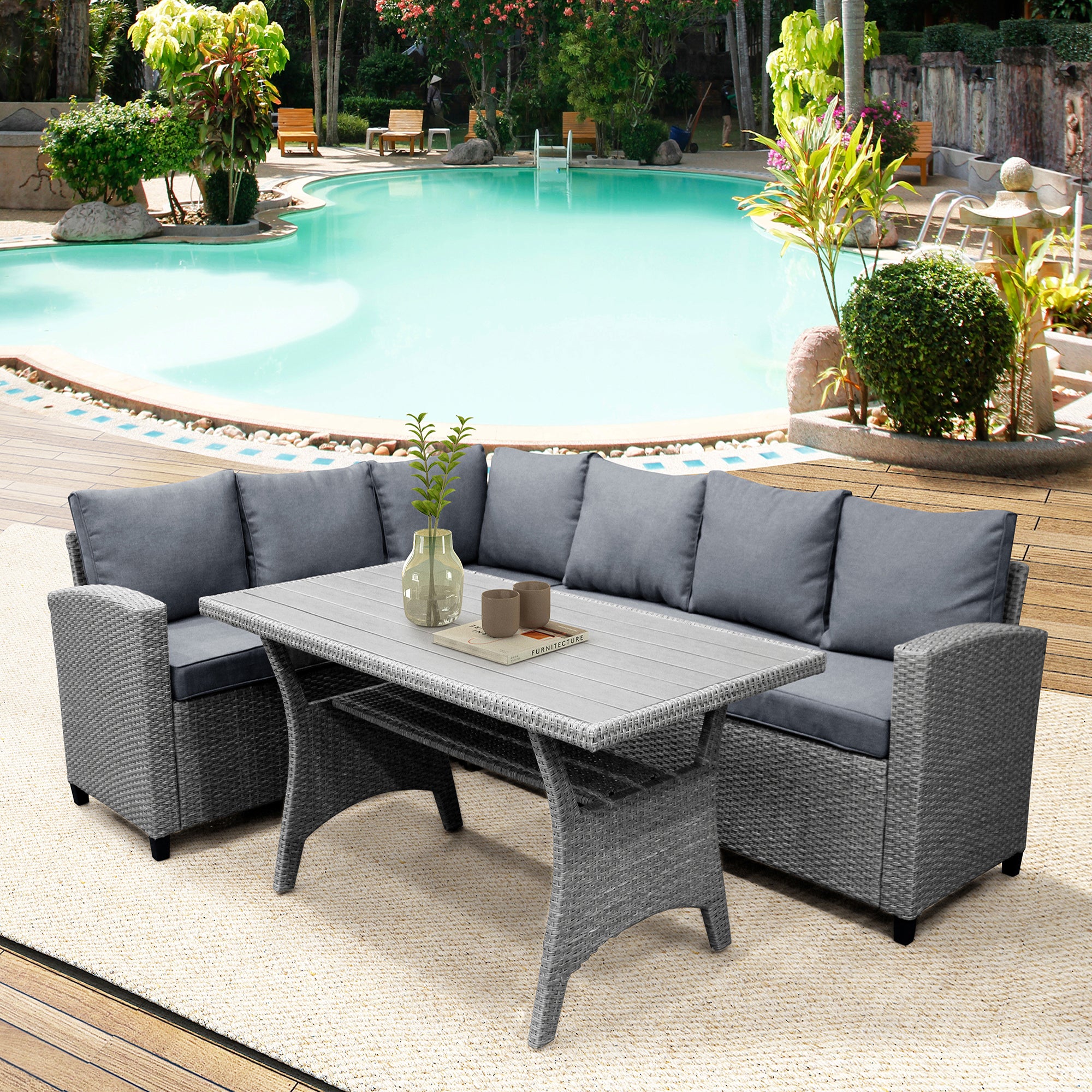 3 Pieces Outdoor Rattan Patio Sectional Sofa Set with Cushions and Table