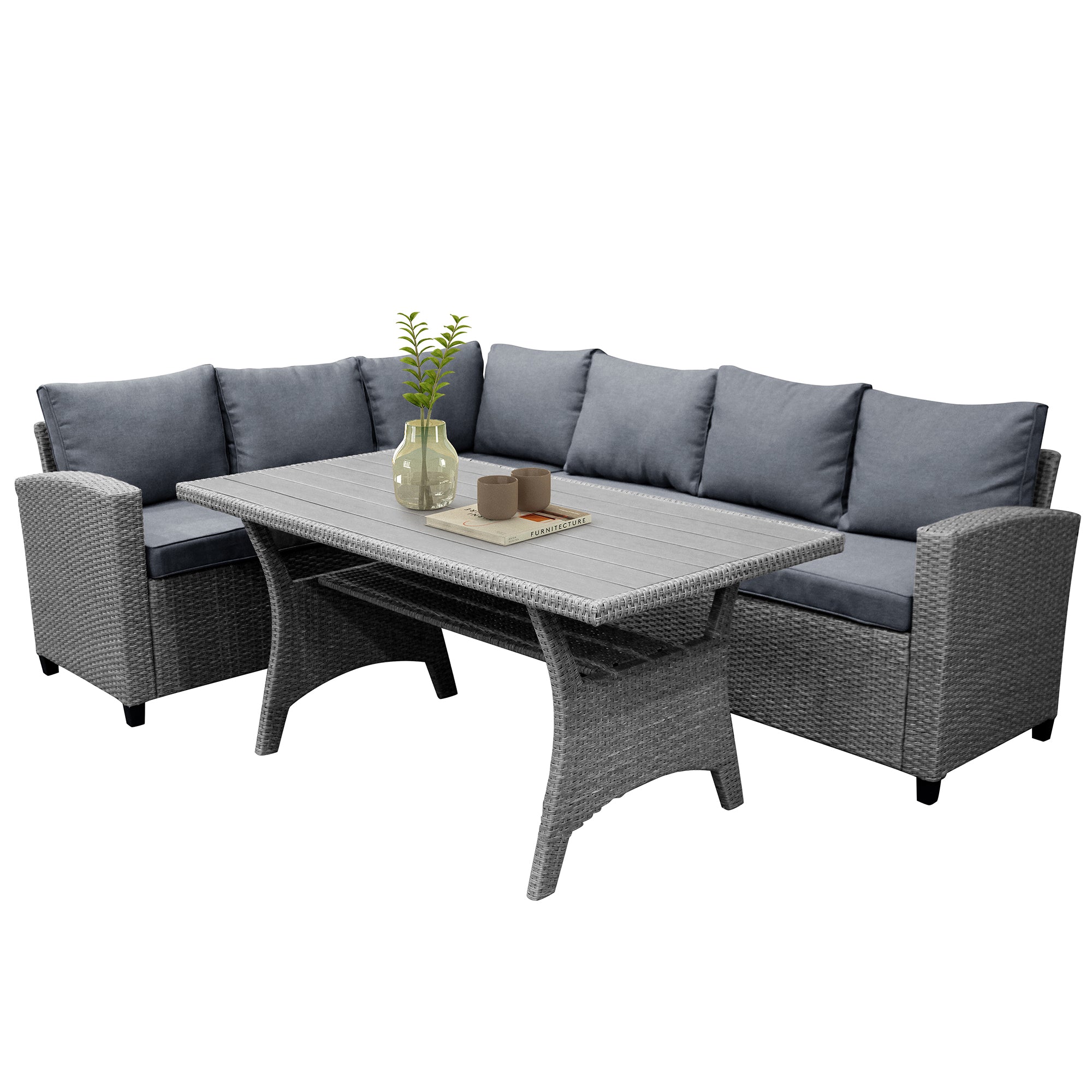 3 Pieces Outdoor Rattan Patio Sectional Sofa Set with Cushions and Table