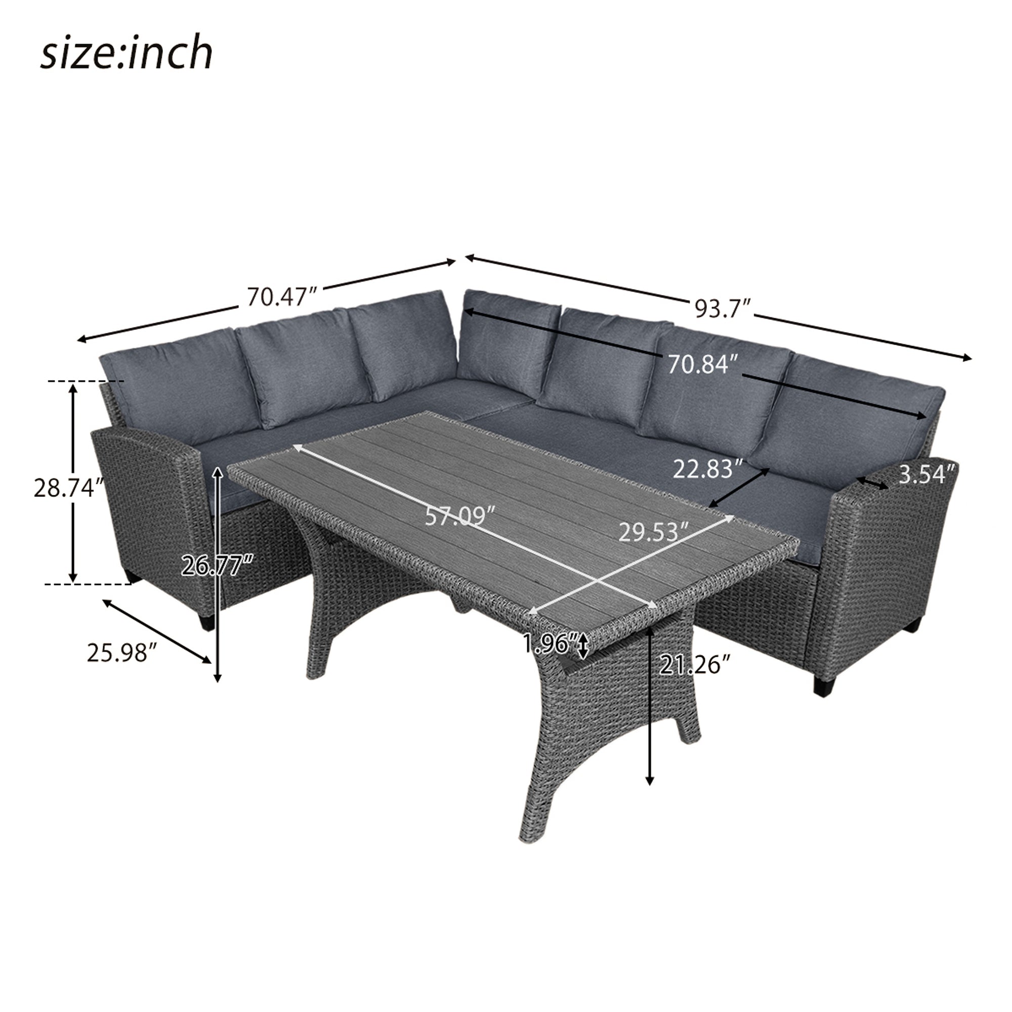 3 Pieces Outdoor Rattan Patio Sectional Sofa Set with Cushions and Table