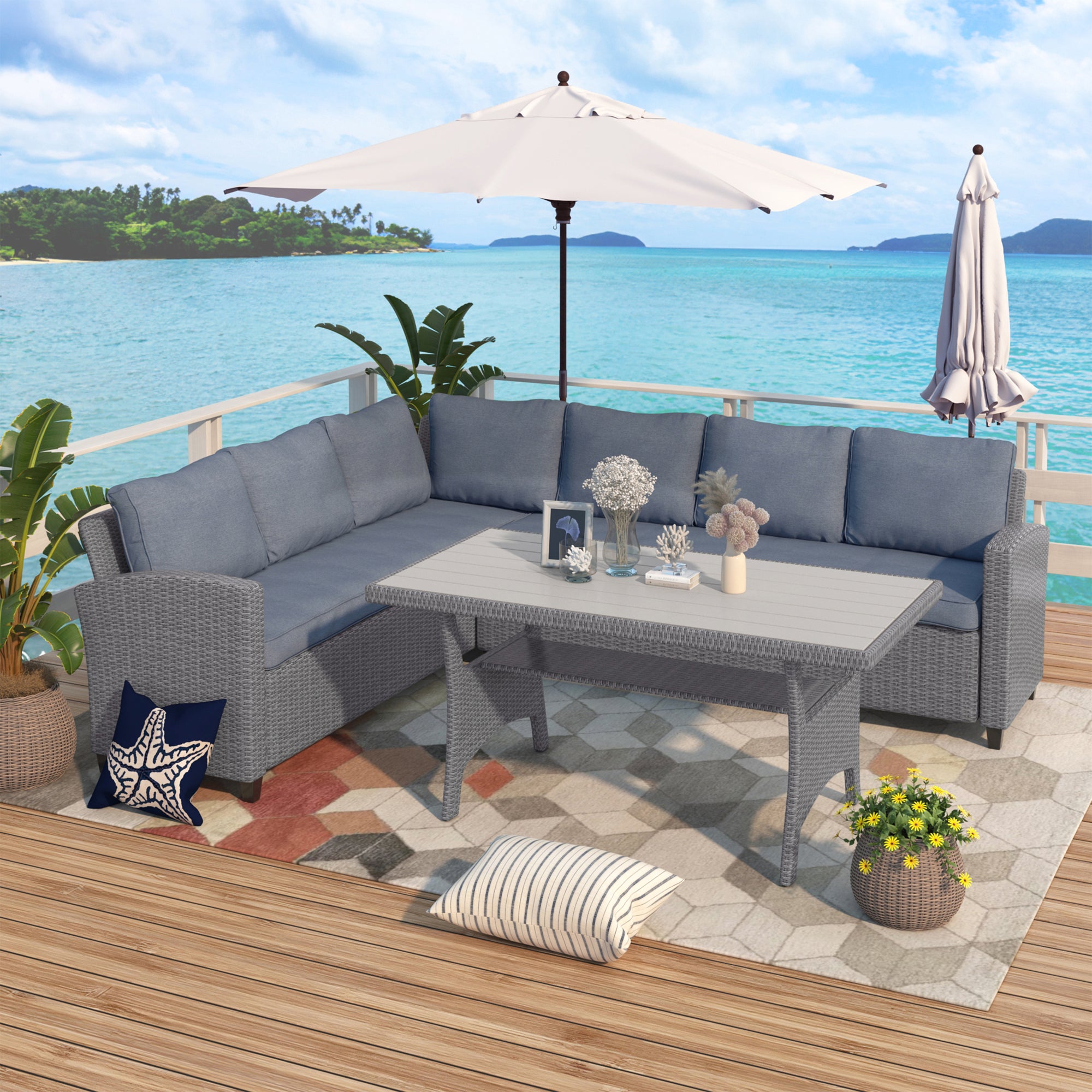 3 Pieces Outdoor Rattan Patio Sectional Sofa Set with Cushions and Table