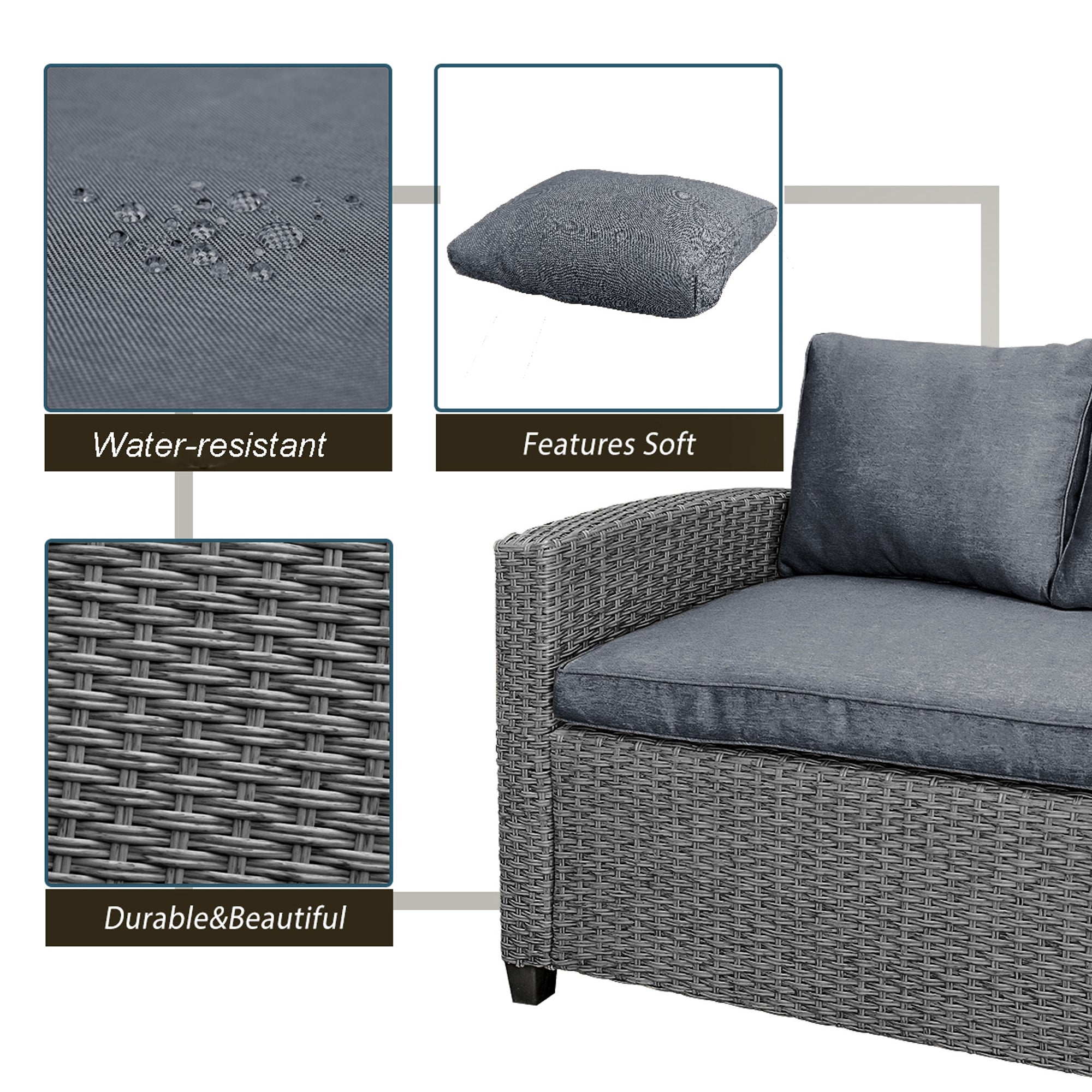 3 Pieces Outdoor Rattan Patio Sectional Sofa Set with Cushions and Table