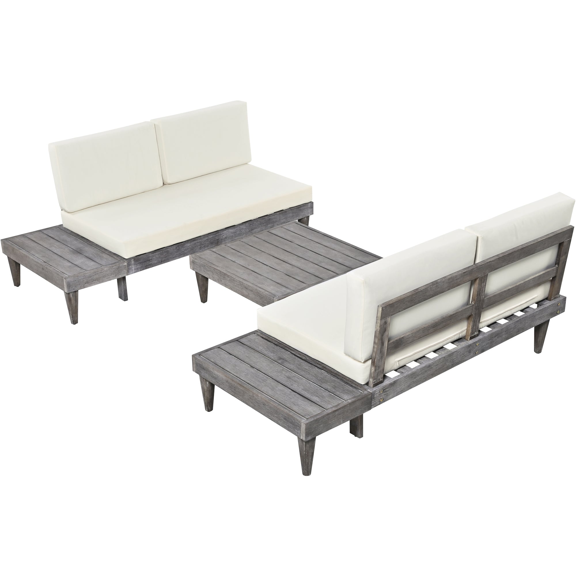 3 Pieces Outdoor Solid Wood Patio Sofa with Side Table and Cushions