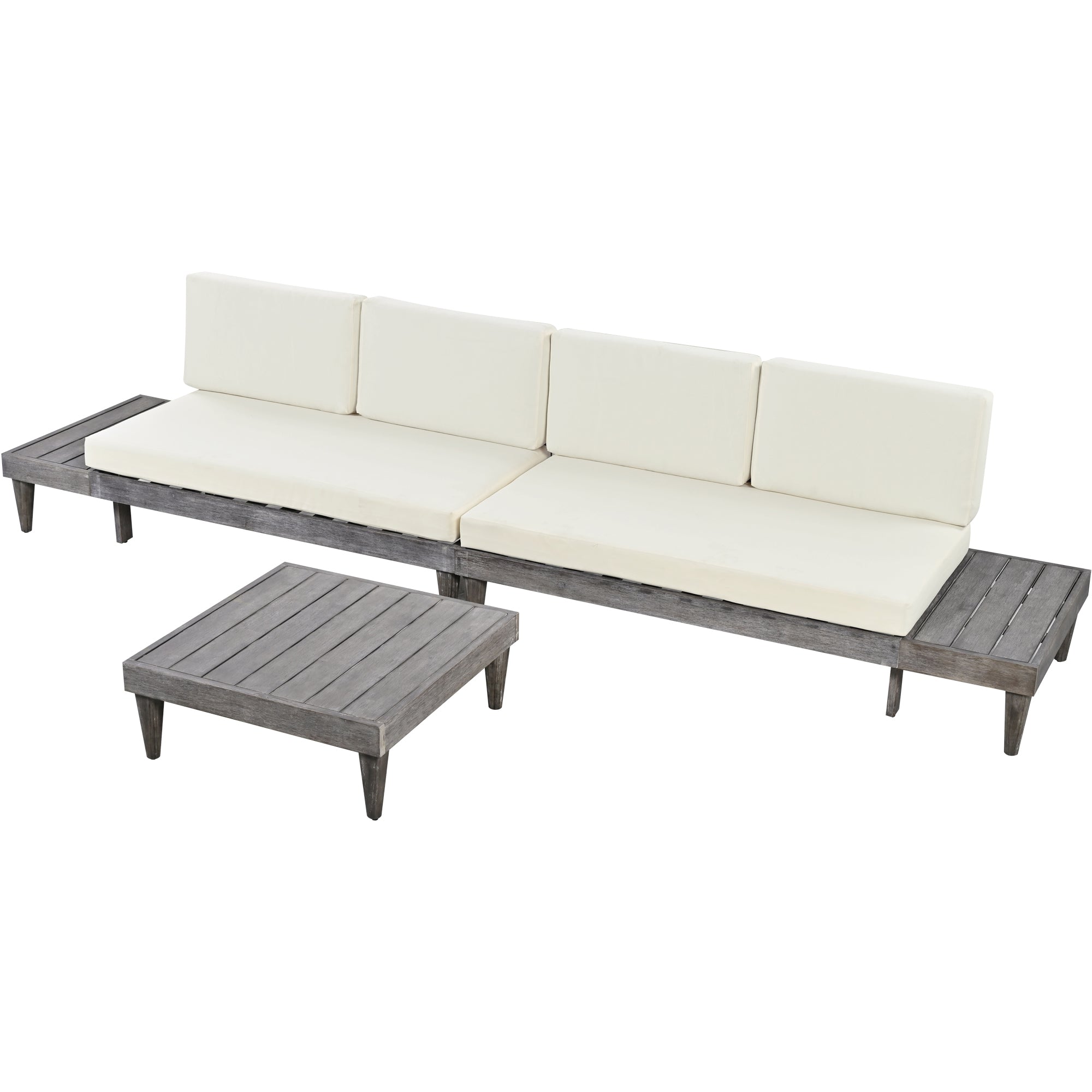 3 Pieces Outdoor Solid Wood Patio Sofa with Side Table and Cushions