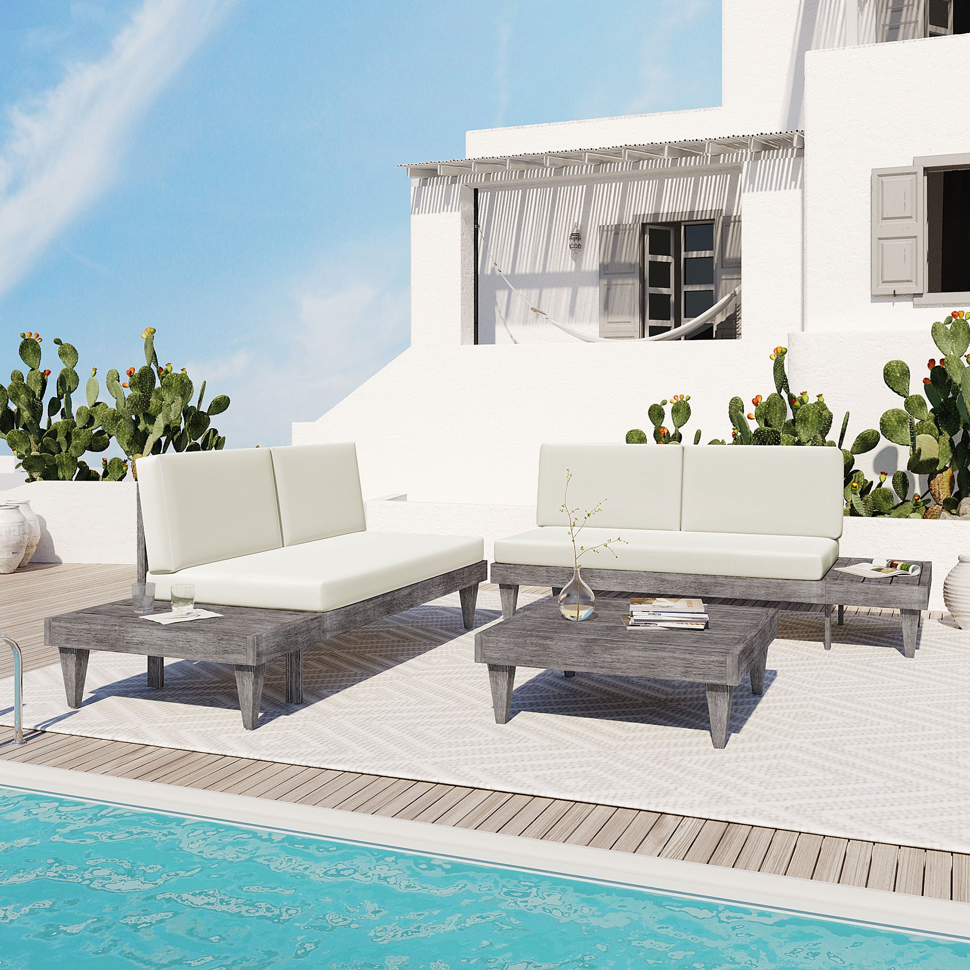 3 Pieces Outdoor Solid Wood Patio Sofa with Side Table and Cushions