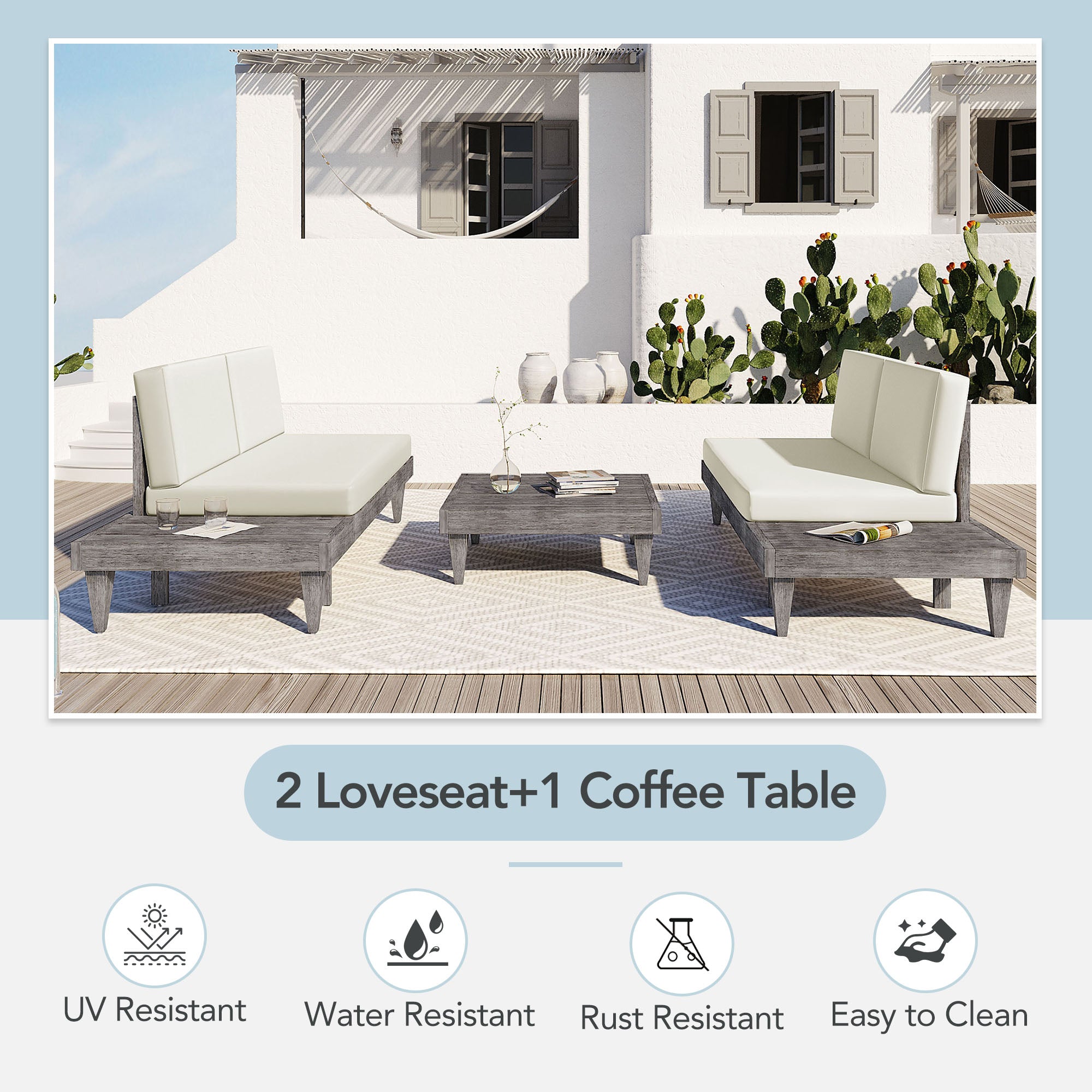 3 Pieces Outdoor Solid Wood Patio Sofa with Side Table and Cushions