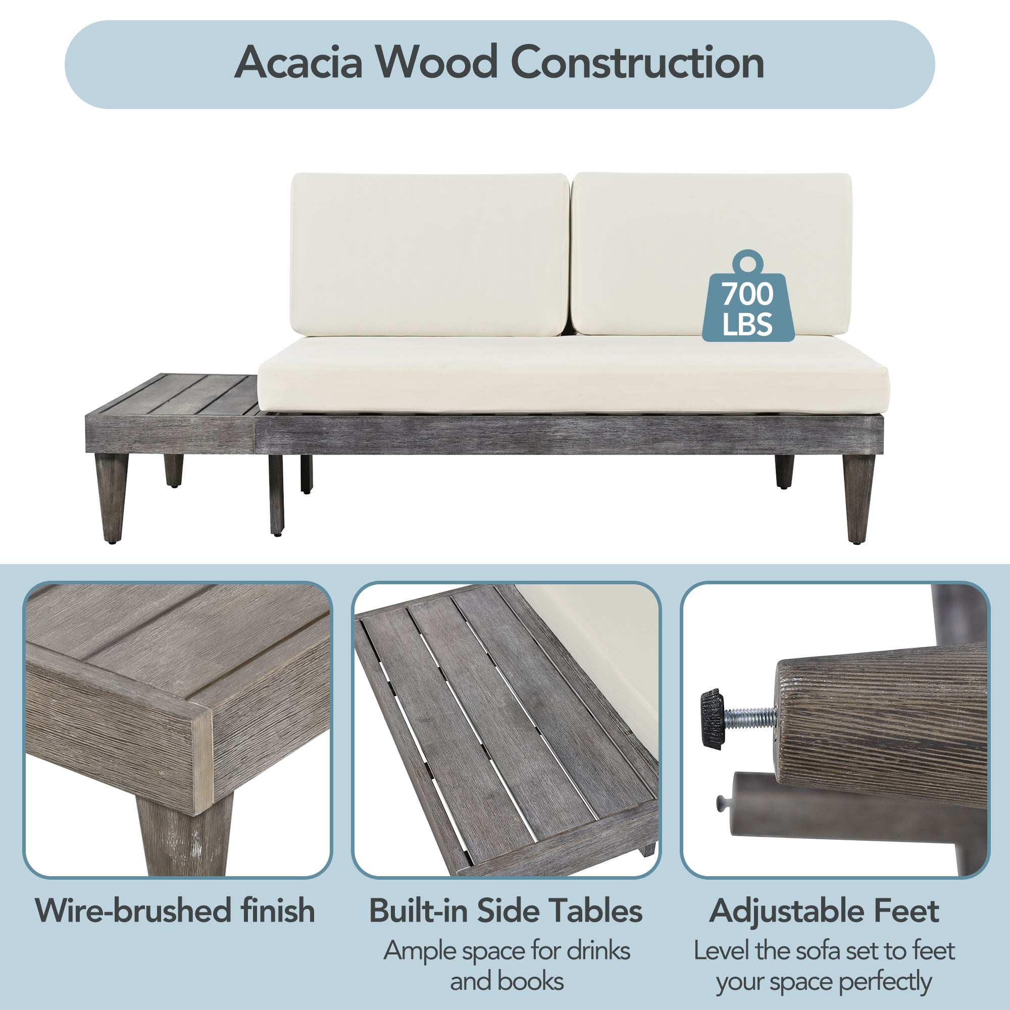 3 Pieces Outdoor Solid Wood Patio Sofa with Side Table and Cushions
