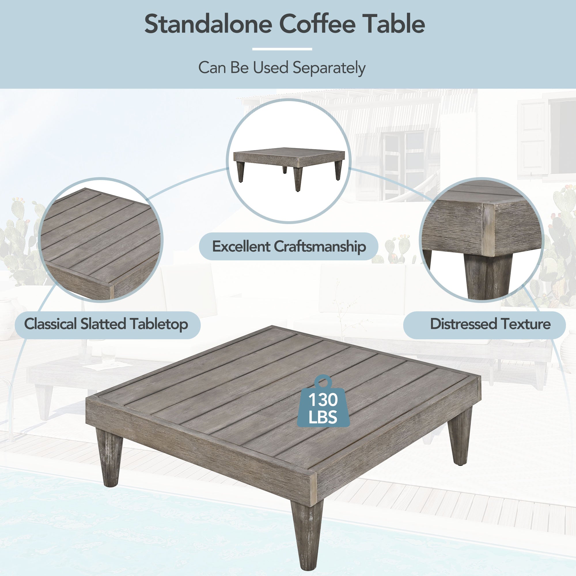 3 Pieces Outdoor Solid Wood Patio Sofa with Side Table and Cushions