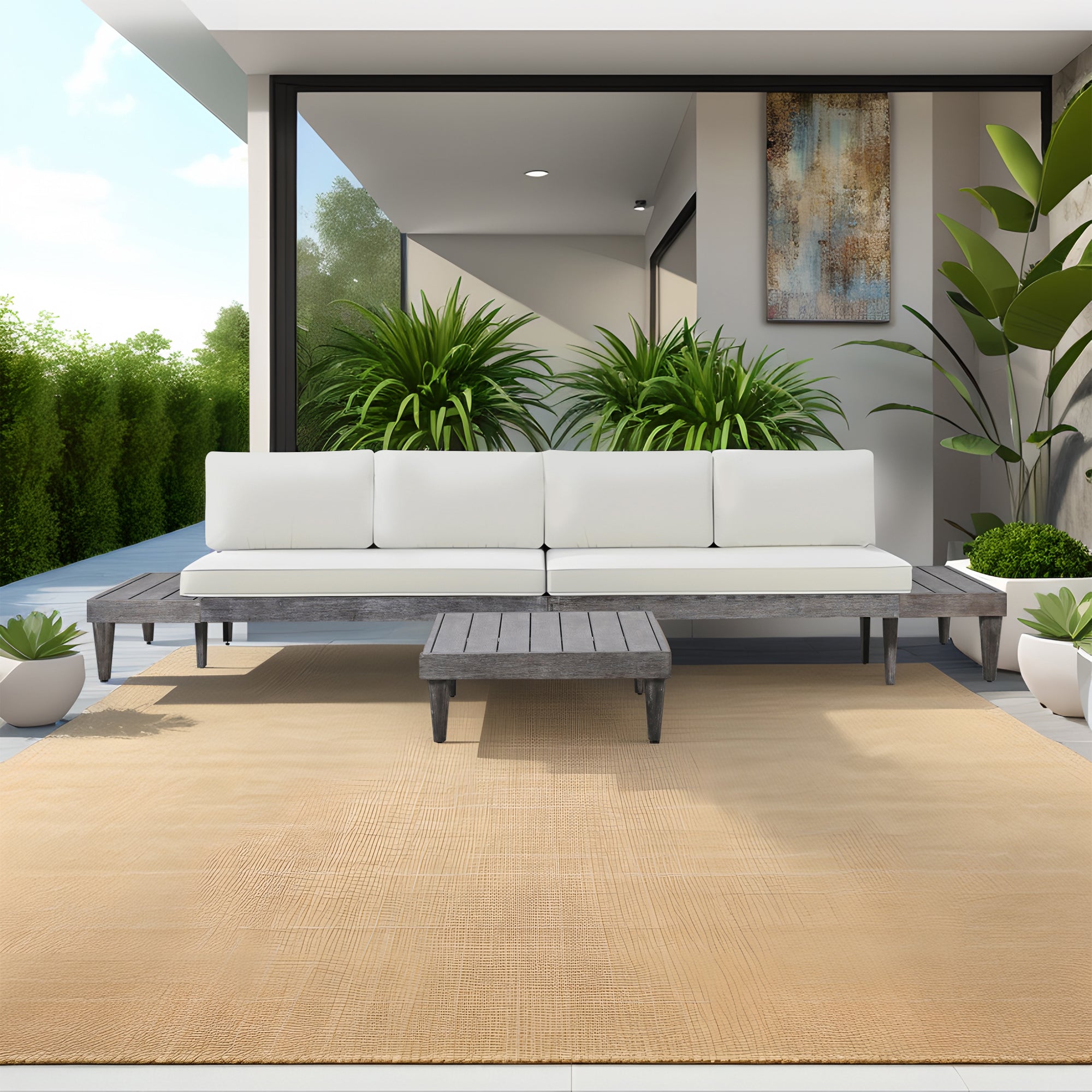 3 Pieces Outdoor Solid Wood Patio Sofa with Side Table and Cushions