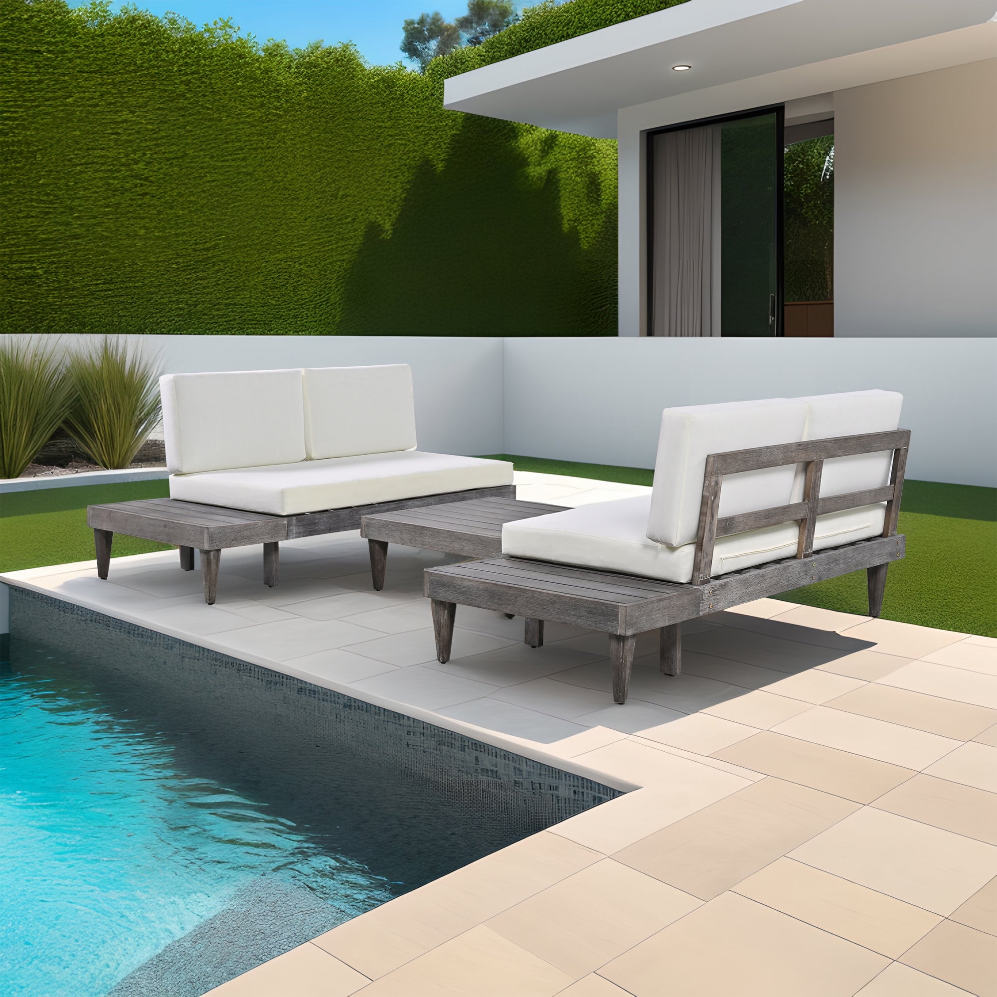 3 Pieces Outdoor Solid Wood Patio Sofa with Side Table and Cushions