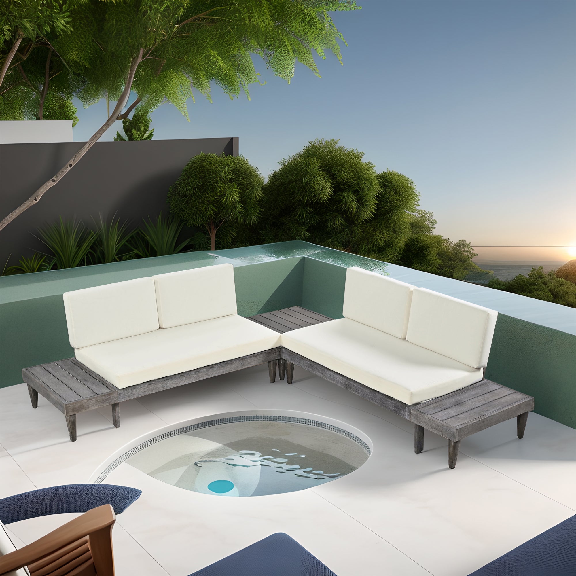 3 Pieces Outdoor Solid Wood Patio Sofa with Side Table and Cushions