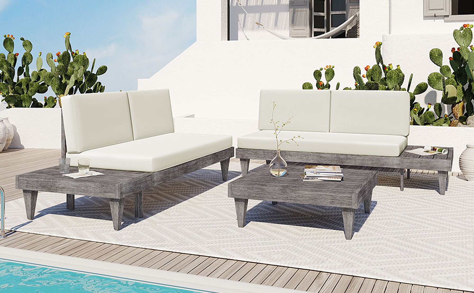 3 Pieces Outdoor Solid Wood Patio Sofa with Side Table and Cushions