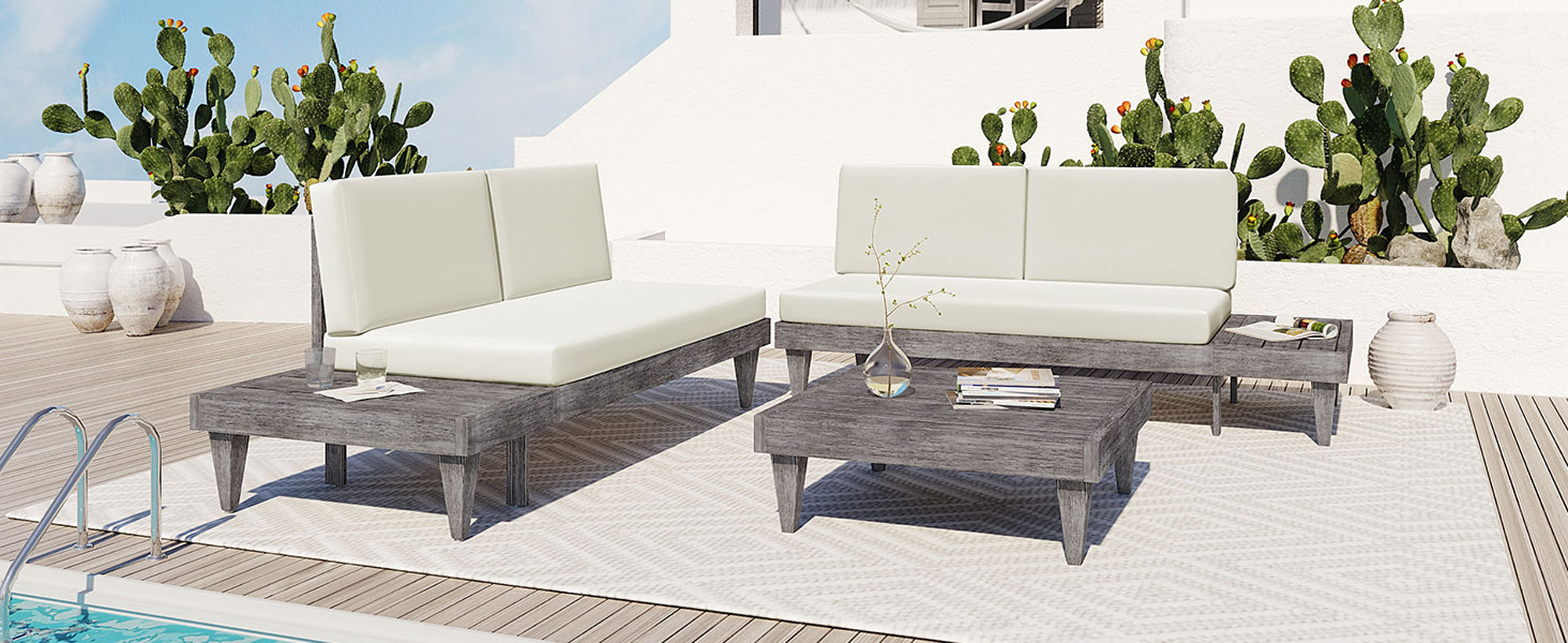 3 Pieces Outdoor Solid Wood Patio Sofa with Side Table and Cushions