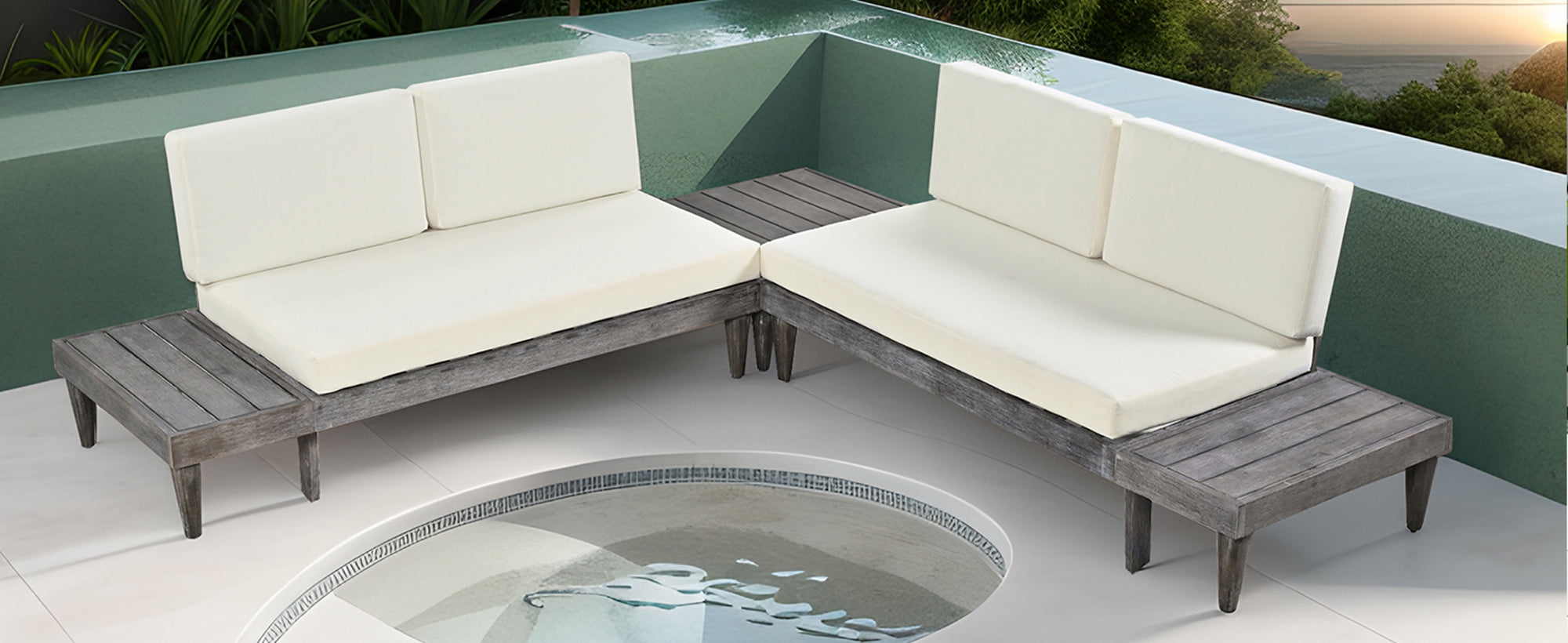 3 Pieces Outdoor Solid Wood Patio Sofa with Side Table and Cushions