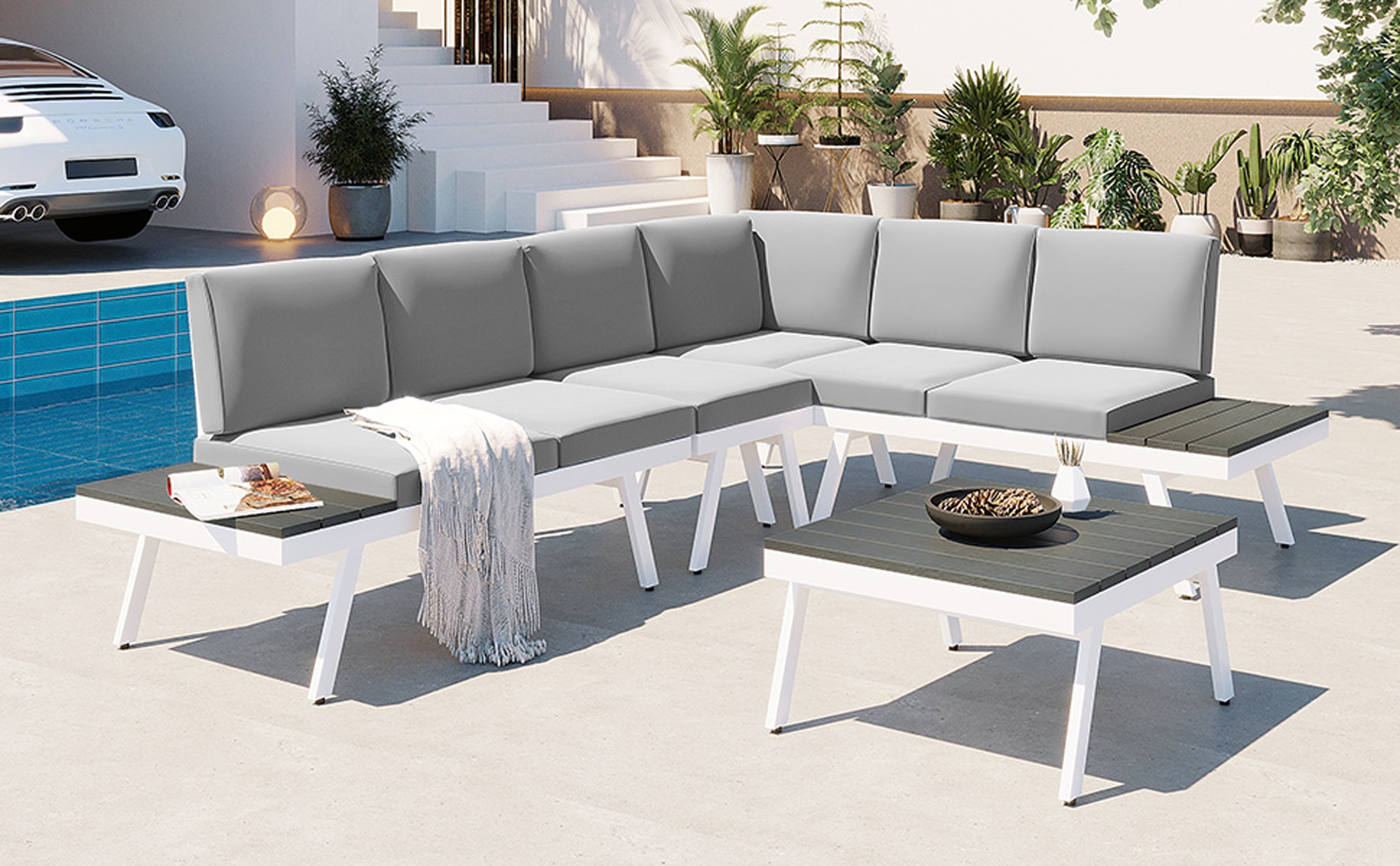 5-piece Outdoor Aluminium Patio Sofa with End Tables and Cushions