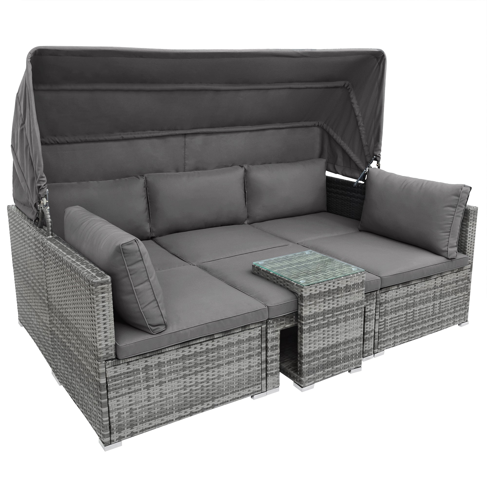 5-piece Outdoor Rattan Patio Sofa with Canopy and Tempered Glass Side Table