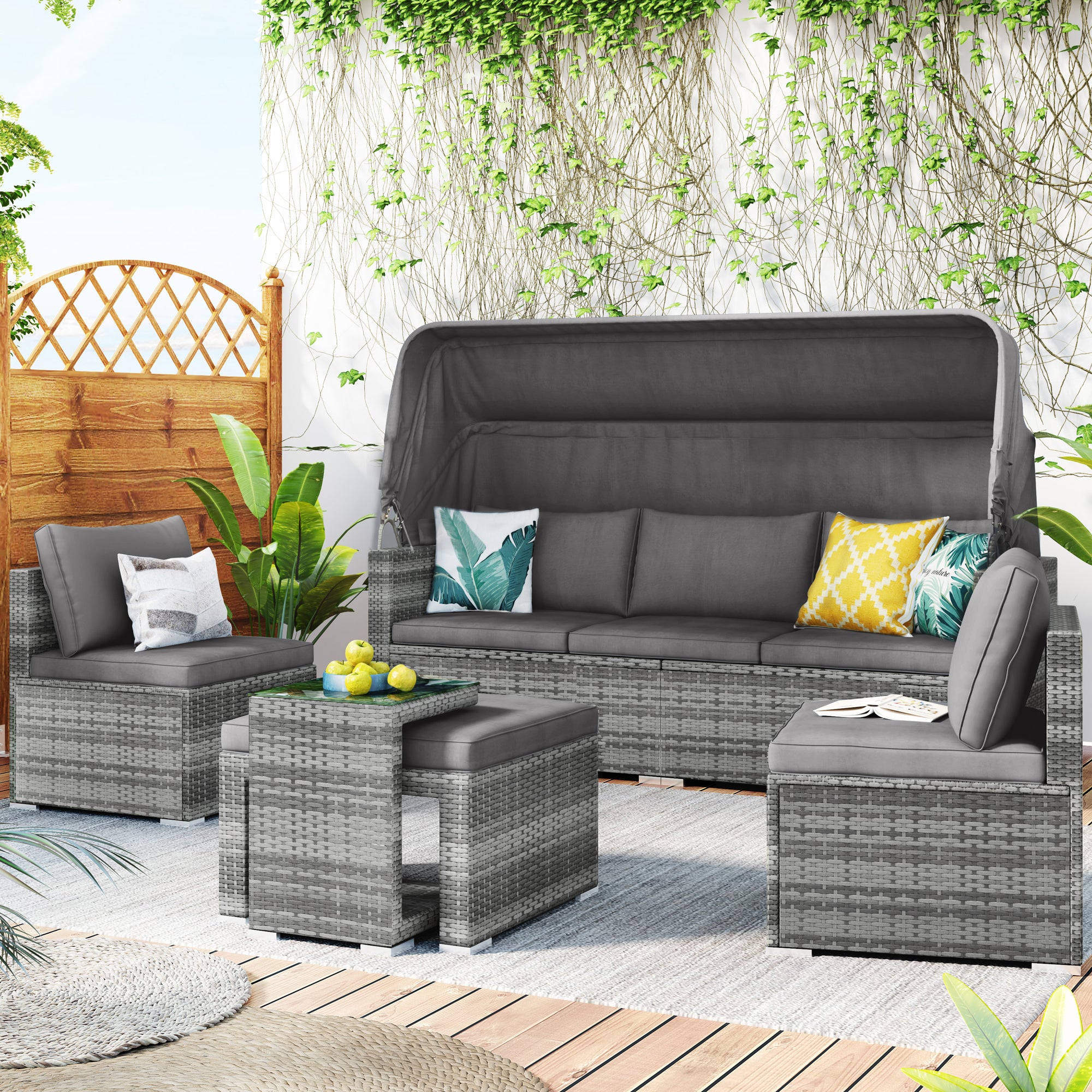 5-piece Outdoor Rattan Patio Sofa with Canopy and Tempered Glass Side Table