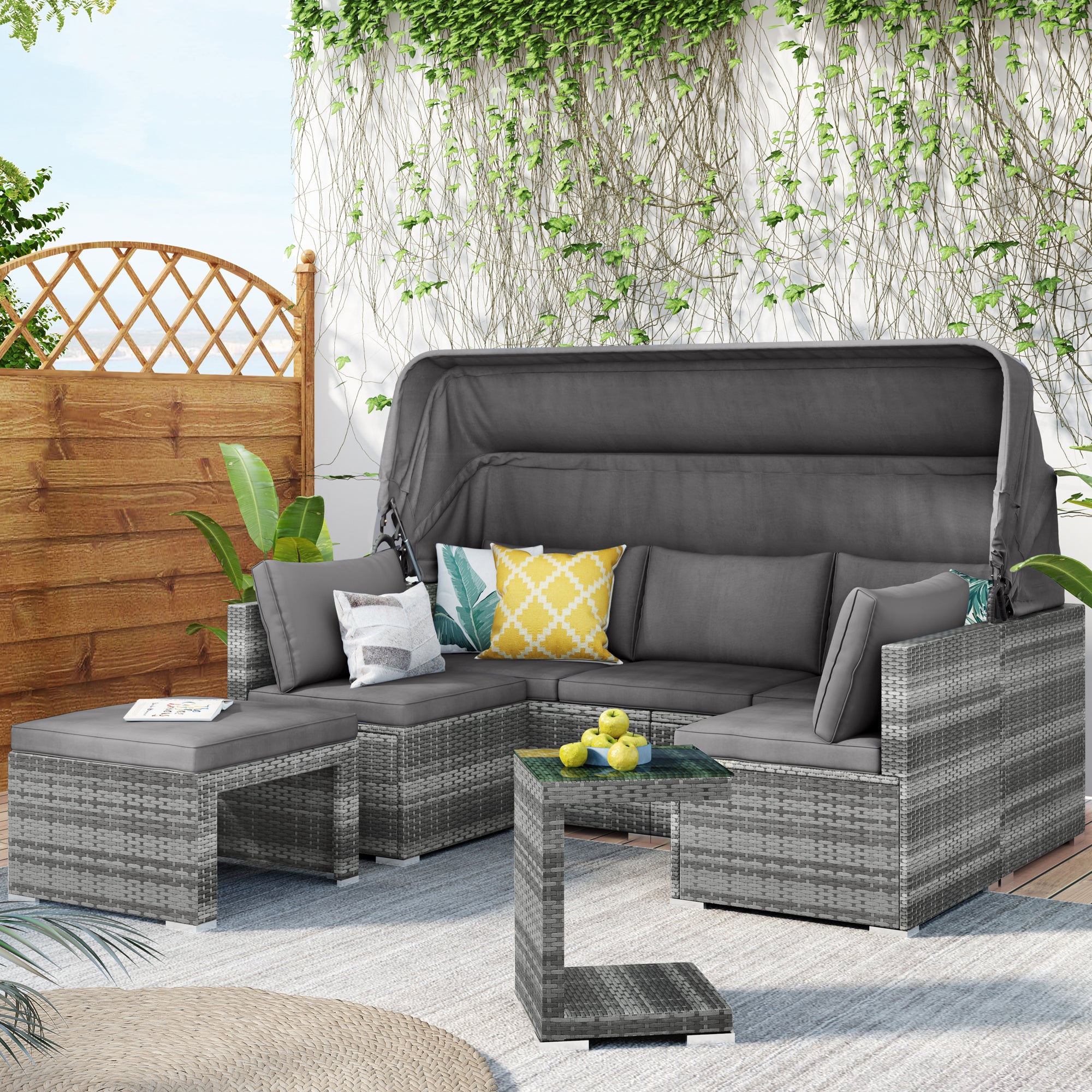 5-piece Outdoor Rattan Patio Sofa with Canopy and Tempered Glass Side Table