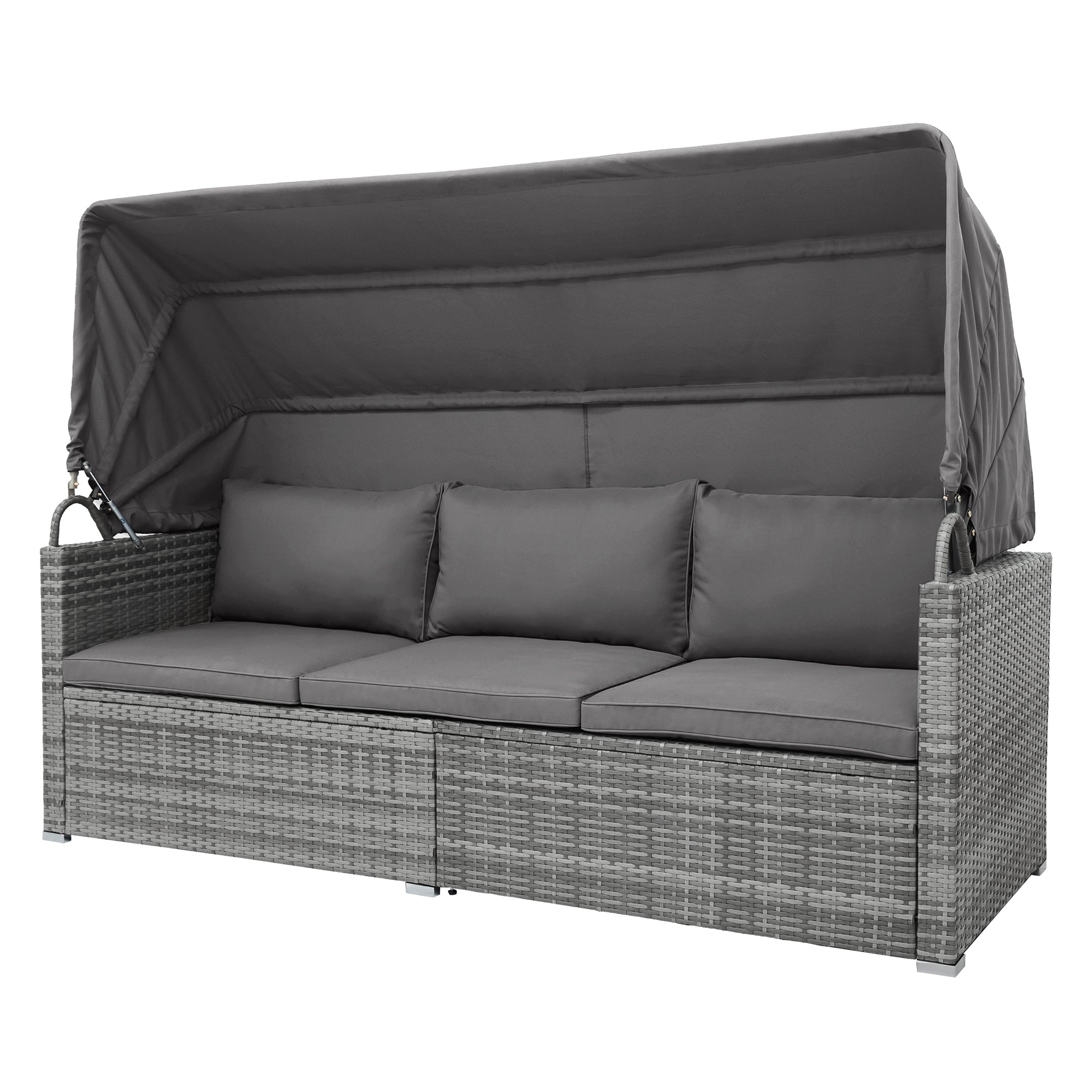 5-piece Outdoor Rattan Patio Sofa with Canopy and Tempered Glass Side Table