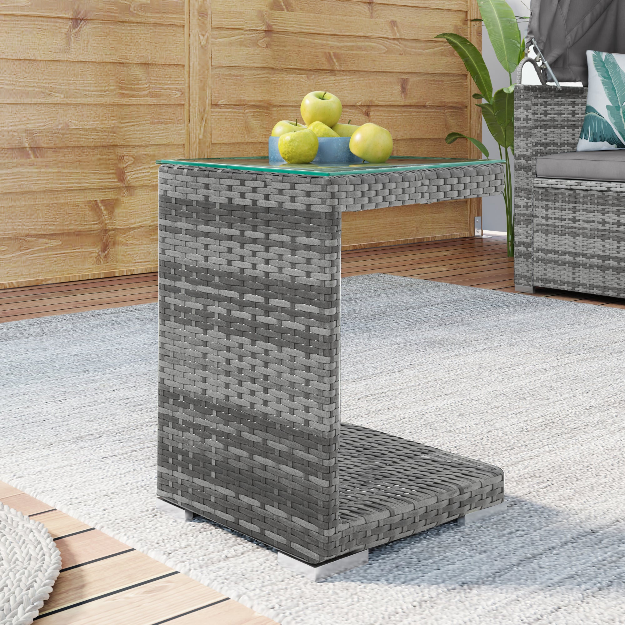 5-piece Outdoor Rattan Patio Sofa with Canopy and Tempered Glass Side Table
