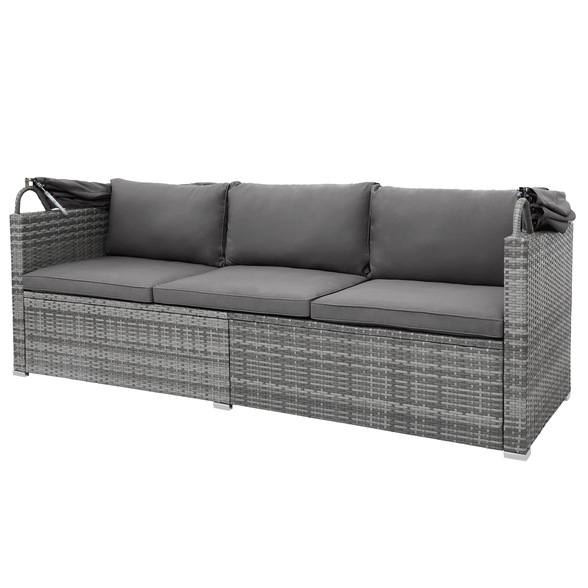 5-piece Outdoor Rattan Patio Sofa with Canopy and Tempered Glass Side Table