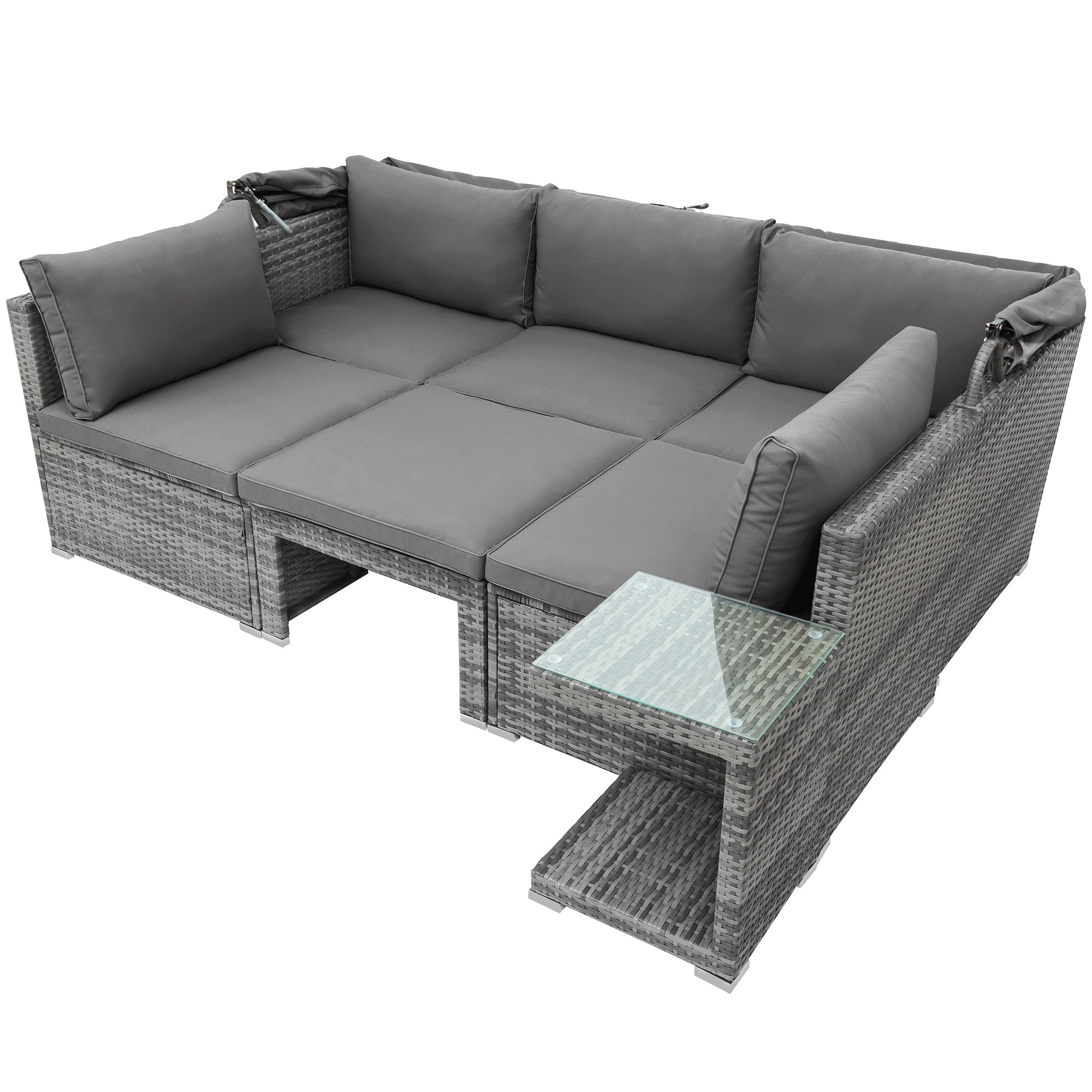 5-piece Outdoor Rattan Patio Sofa with Canopy and Tempered Glass Side Table