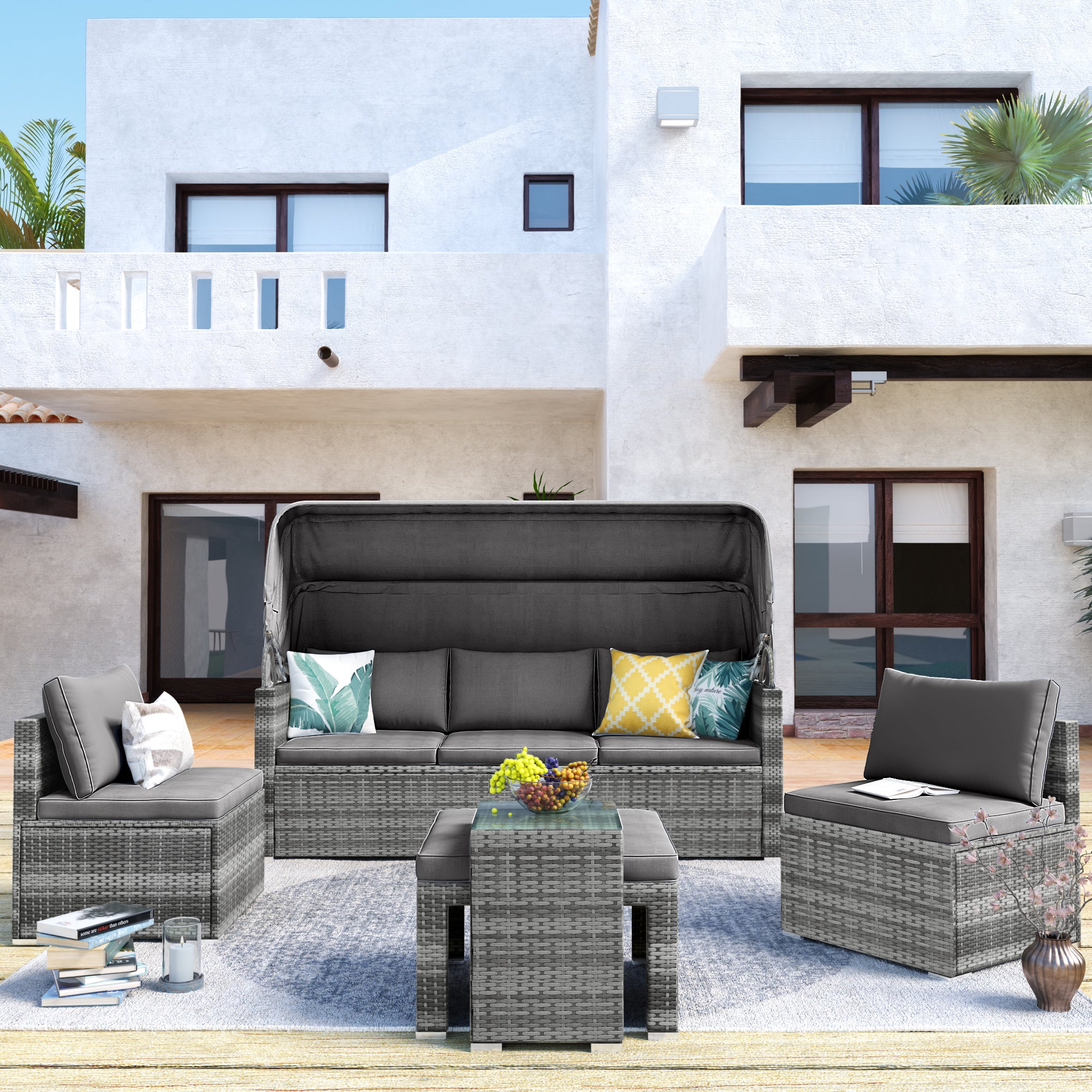 5-piece Outdoor Rattan Patio Sofa with Canopy and Tempered Glass Side Table