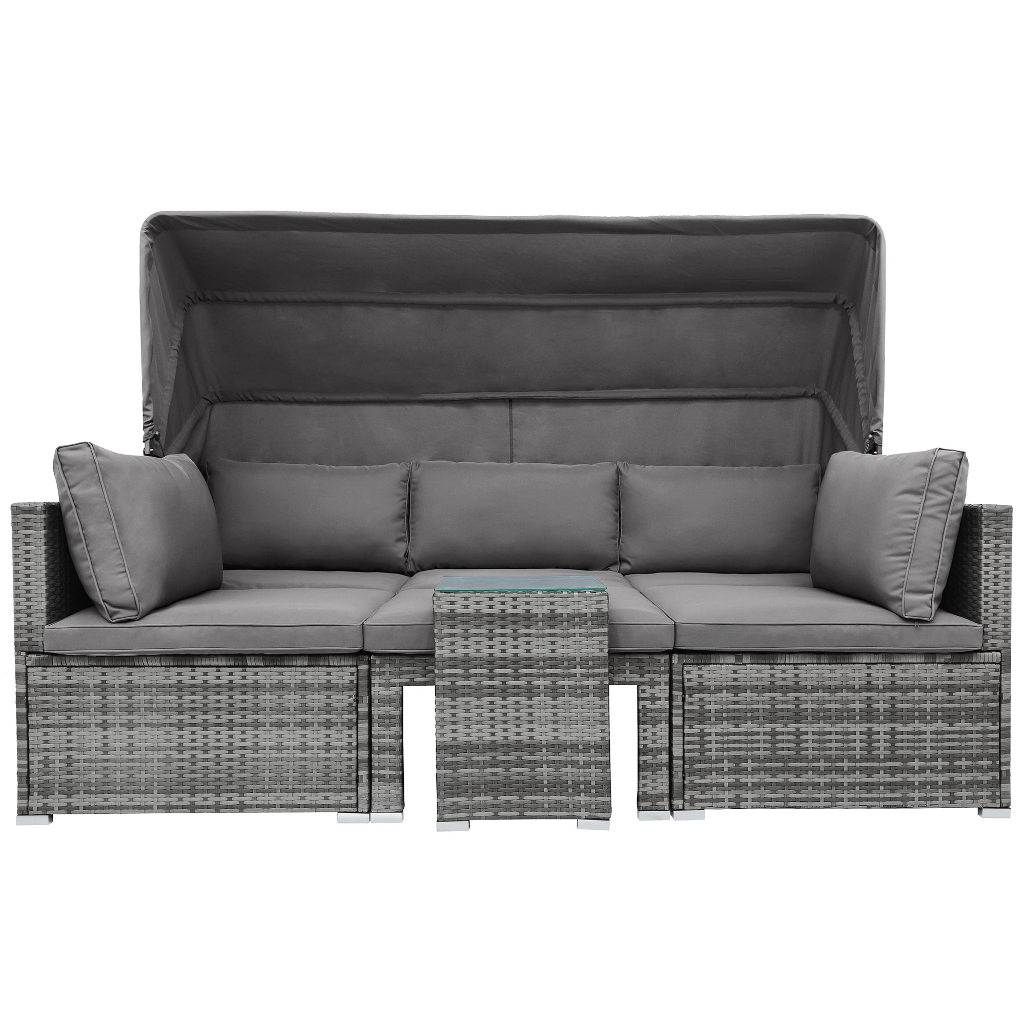 5-piece Outdoor Rattan Patio Sofa with Canopy and Tempered Glass Side Table
