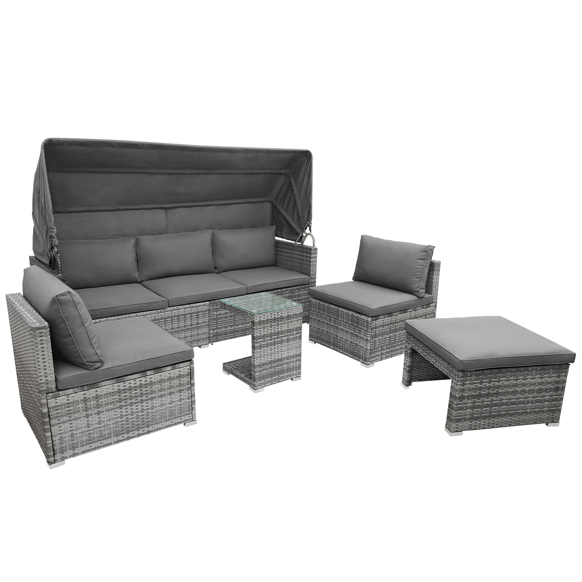 5-piece Outdoor Rattan Patio Sofa with Canopy and Tempered Glass Side Table