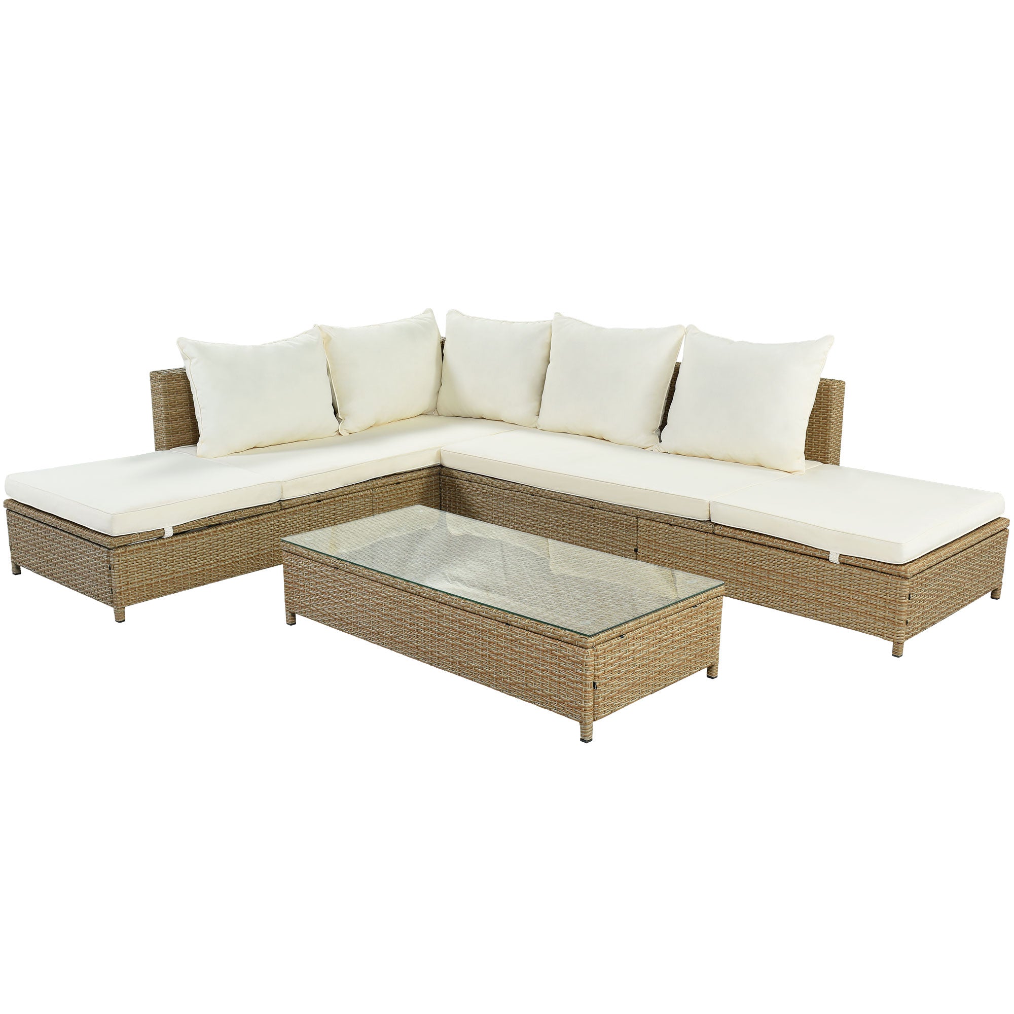 3-Piece Wicker Rattan Outdoor Sectional Sofa Set with Beige Cushion and Tempered Glass Table