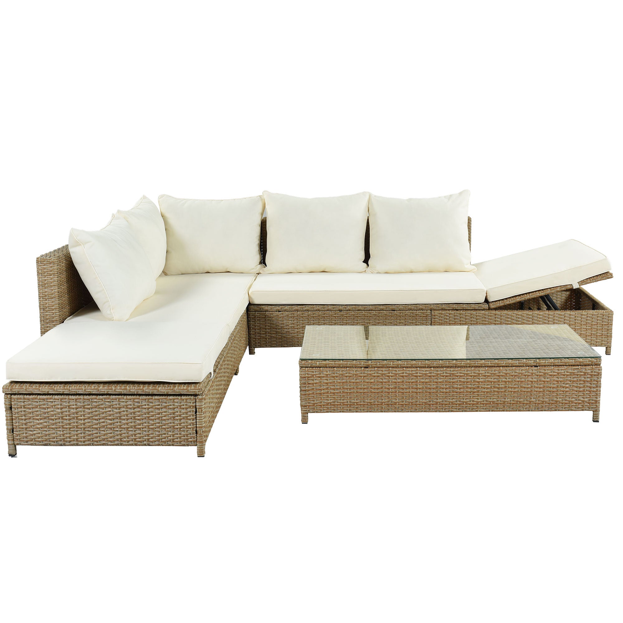 3-Piece Wicker Rattan Outdoor Sectional Sofa Set with Beige Cushion and Tempered Glass Table