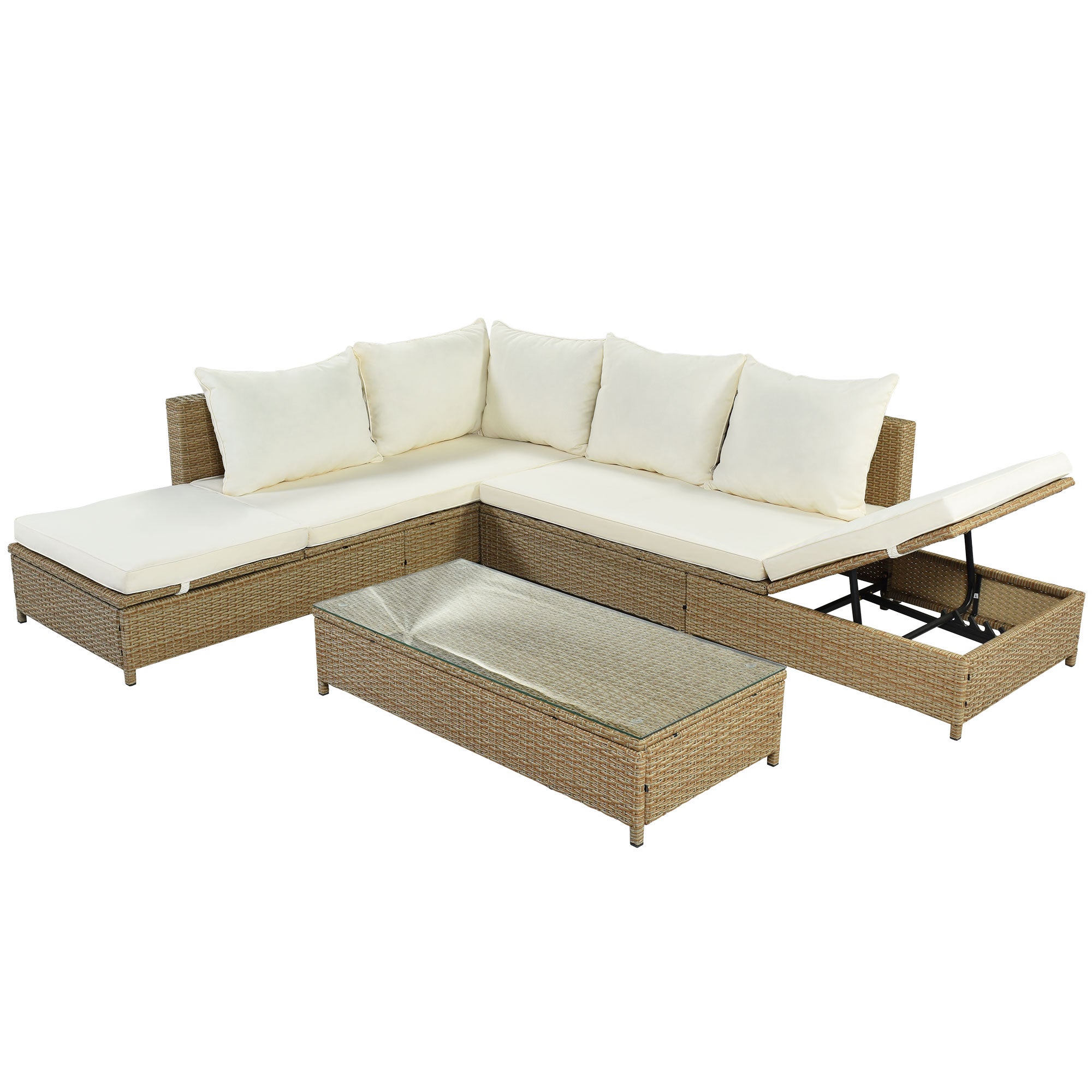 3-Piece Wicker Rattan Outdoor Sectional Sofa Set with Beige Cushion and Tempered Glass Table