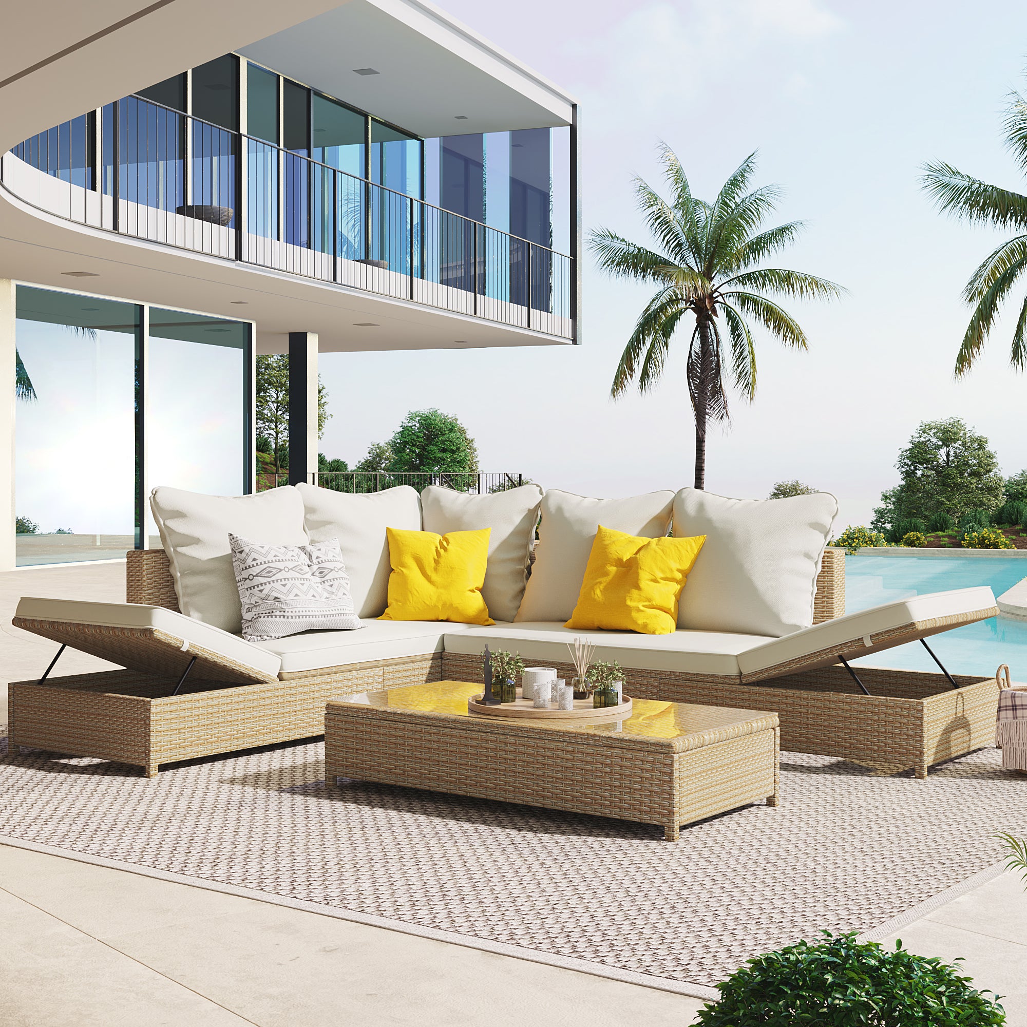 3-Piece Wicker Rattan Outdoor Sectional Sofa Set with Beige Cushion and Tempered Glass Table