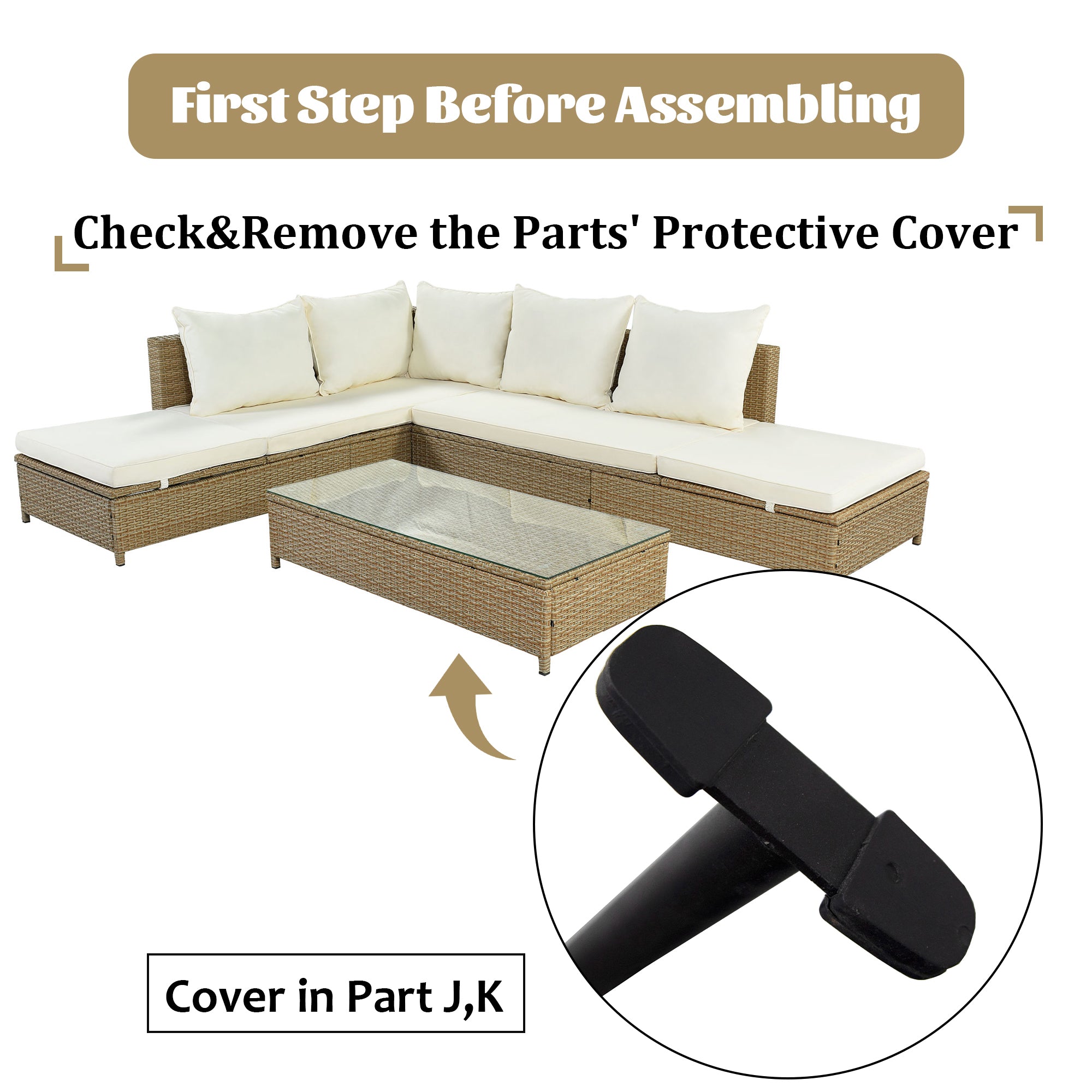 3-Piece Wicker Rattan Outdoor Sectional Sofa Set with Beige Cushion and Tempered Glass Table
