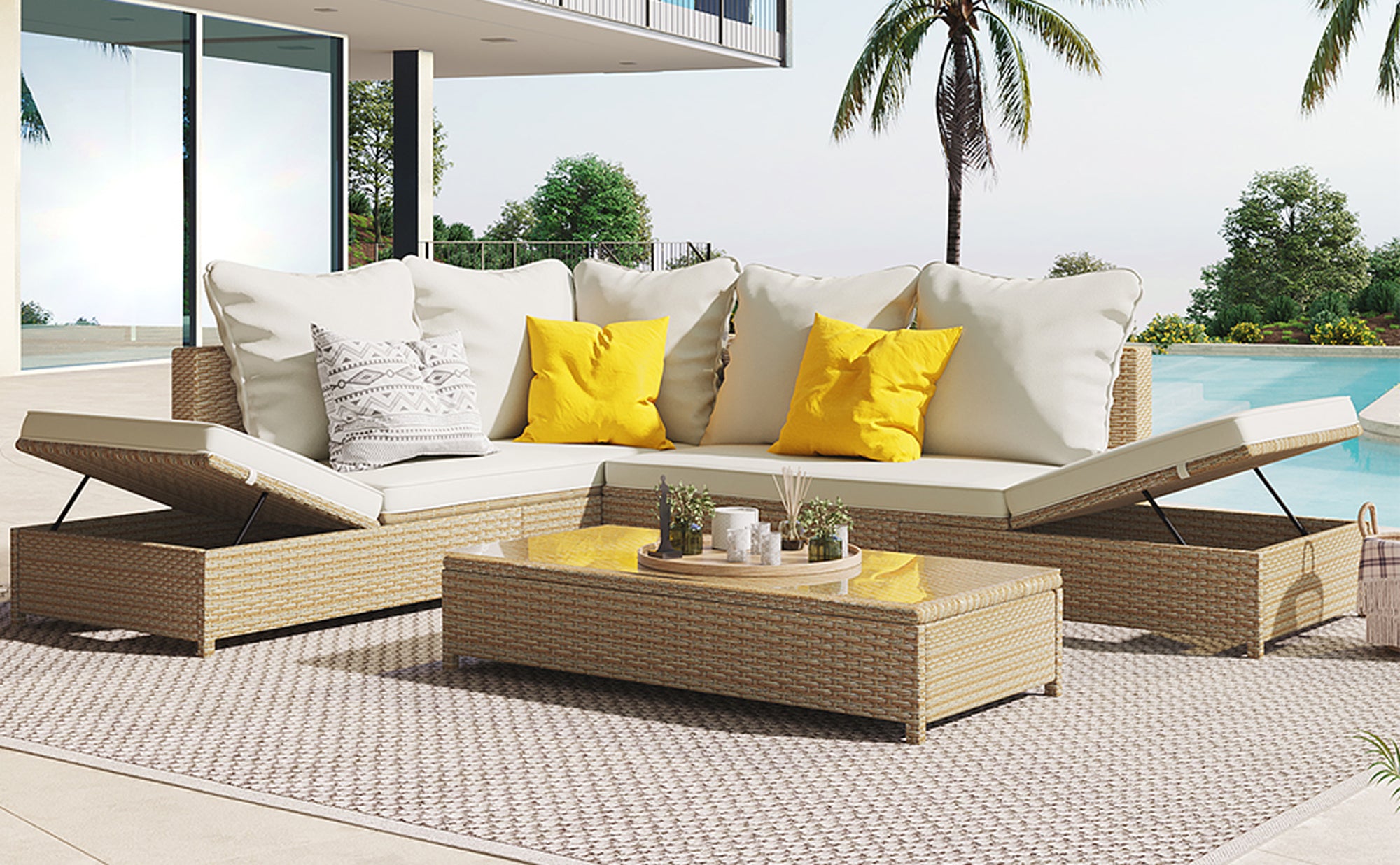 3-Piece Wicker Rattan Outdoor Sectional Sofa Set with Beige Cushion and Tempered Glass Table